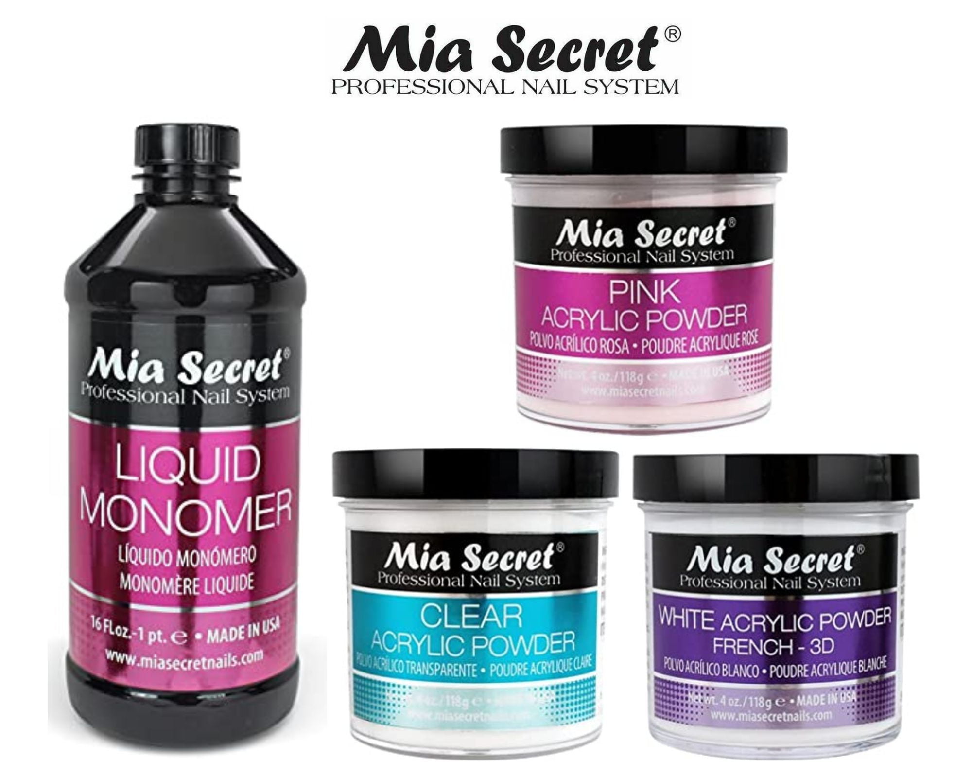 Mia Secret Liquid Monomer 16 oz and Powder 4 oz x 3 (CLEAR + PINK + WHITE)