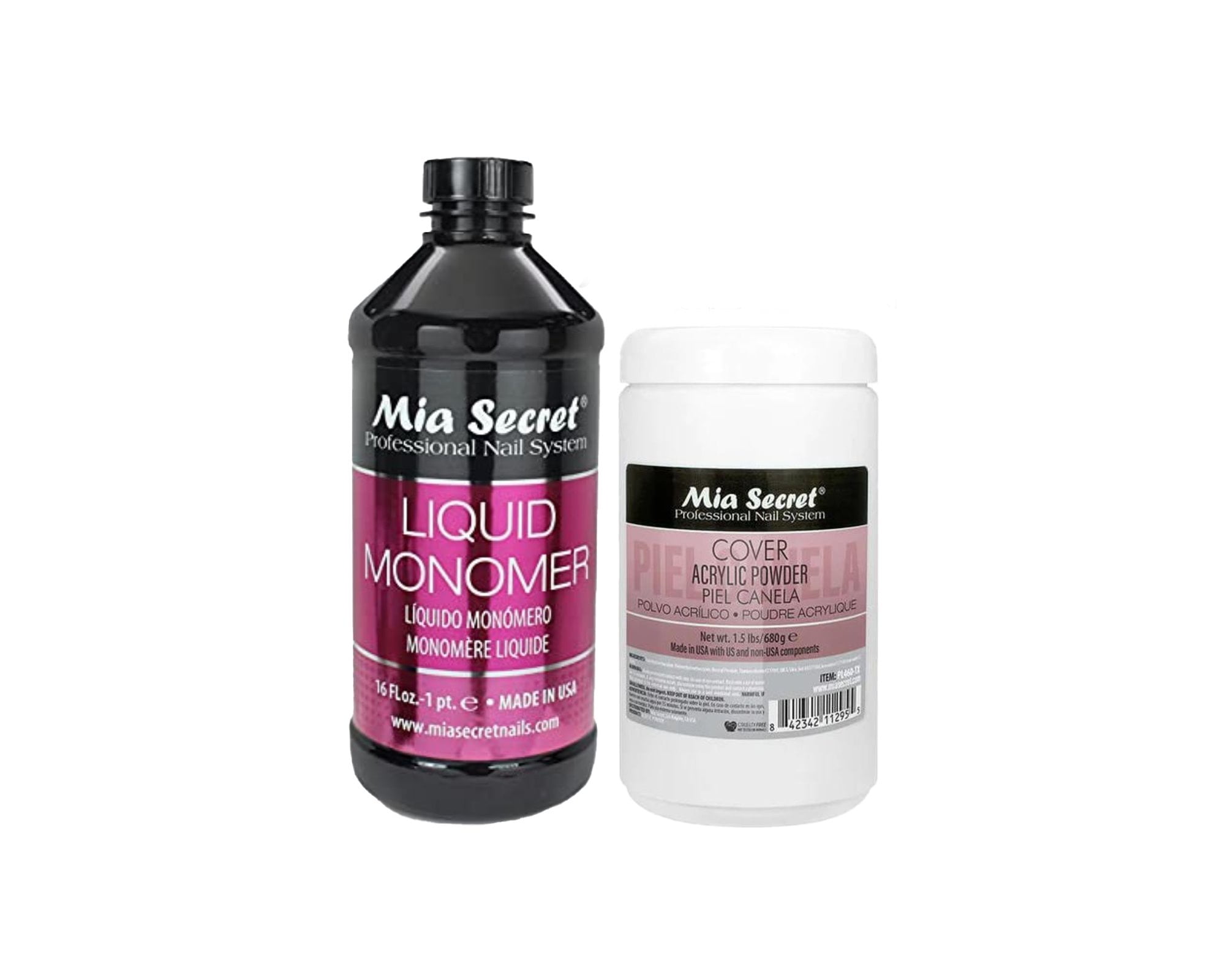 Mia Secret - Liquid Monomer 16oz & Cover Acrylic Powder Piel Canela 1.5lb - Combo