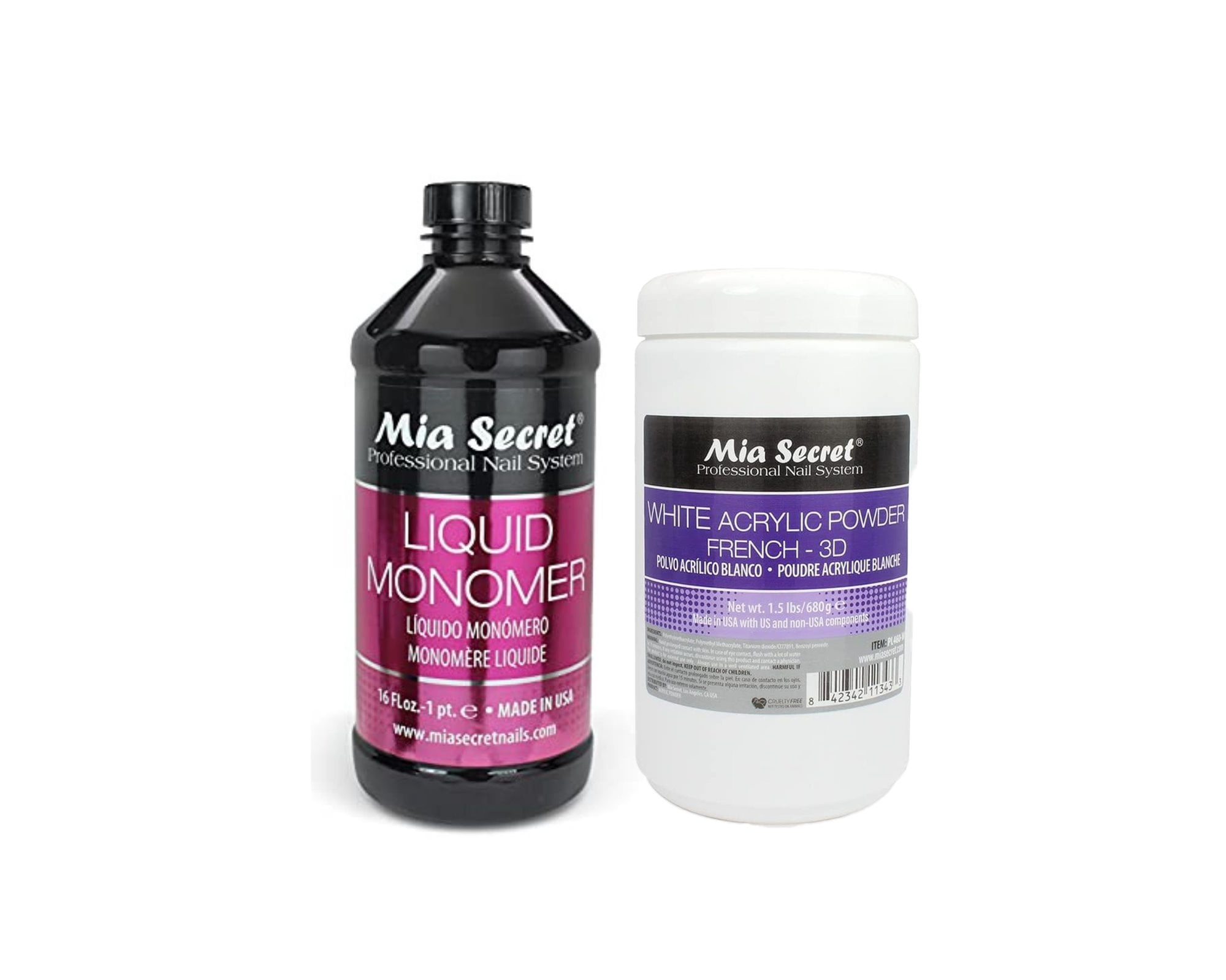 Mia Secret - Liquid Monomer 16oz & White Acrylic Powder French-3D 1.5lbs - Combo