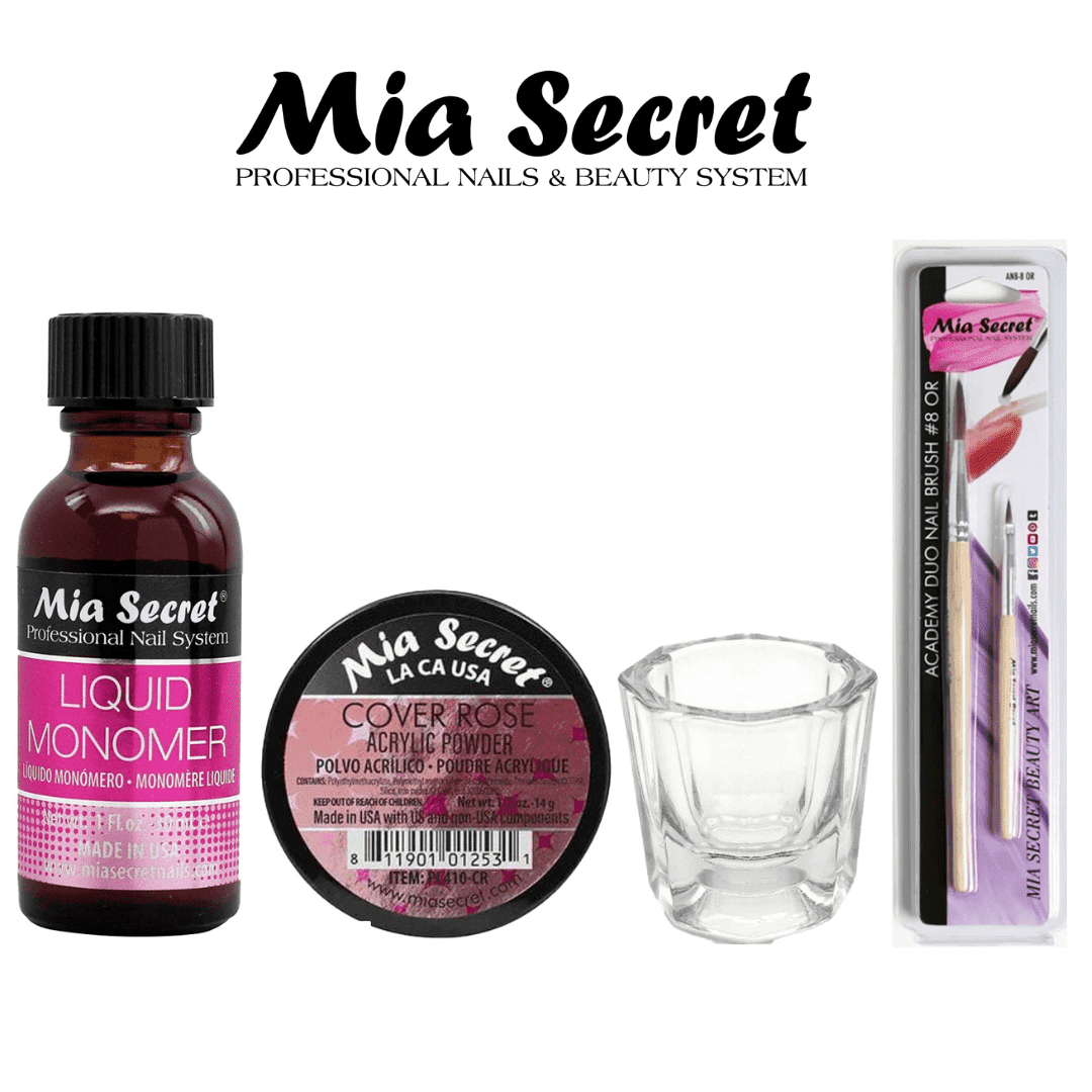 Mia Secret - Liquid Monomer 1oz & Cover Rose Acrylic Powder  0.5 oz + Dappen Dish + Academic Duo Nail Brush #8 OR- Combo