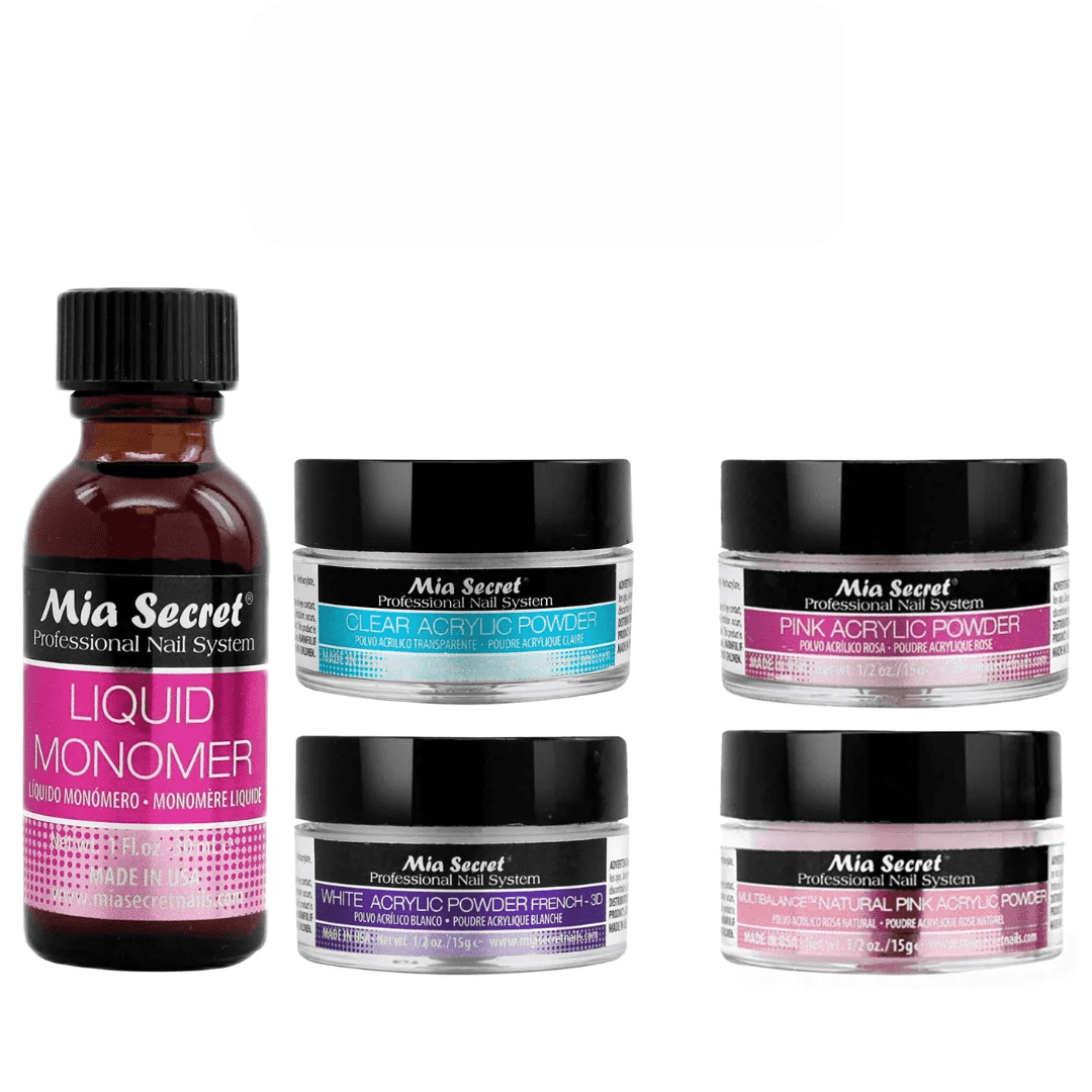 Mia Secret - Liquid Monomer 1oz & Clear Acrylic Powder, Pink Acrylic Powder, White Acrylic Powder- French 3D, Multibalance Natural Pink Acrylic Powder (0.5oz each) - Combo