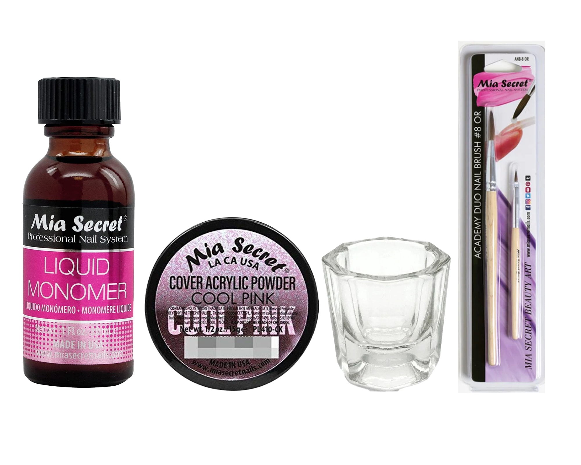 Mia Secret - Liquid Monomer 1oz + Cover Acrylic Powder Cool Pink 0.5oz + Dappen Dish + Academic Duo Nail Brush #8 OR - COMBO