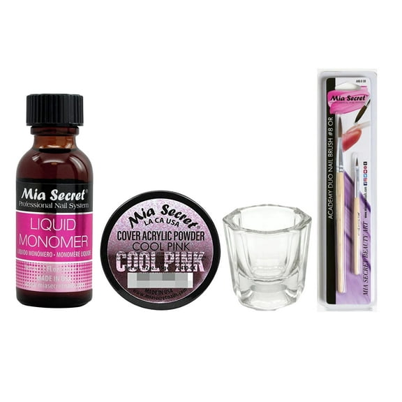Mia Secret - Liquid Monomer 1oz + Cover Acrylic Powder Cool Pink 0.5oz + Dappen Dish + Academic Duo Nail Brush #8 OR - COMBO