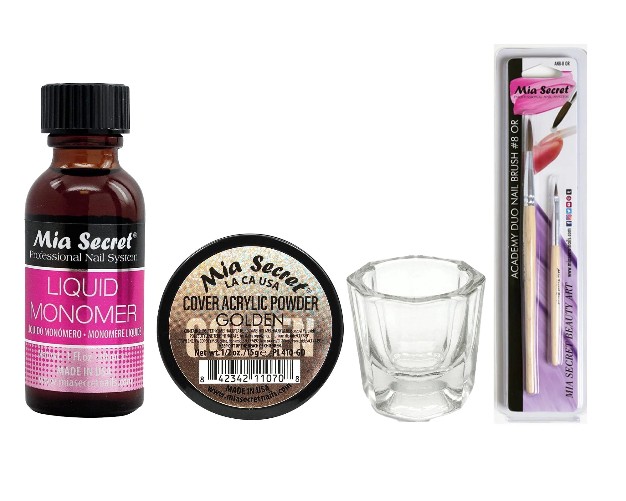 Mia Secret - Liquid Monomer 1oz + Cover Acrylic Powder Golden 0.5oz + Dappen Dish + Academy Duo Nail Brush #8 OR - COMBO