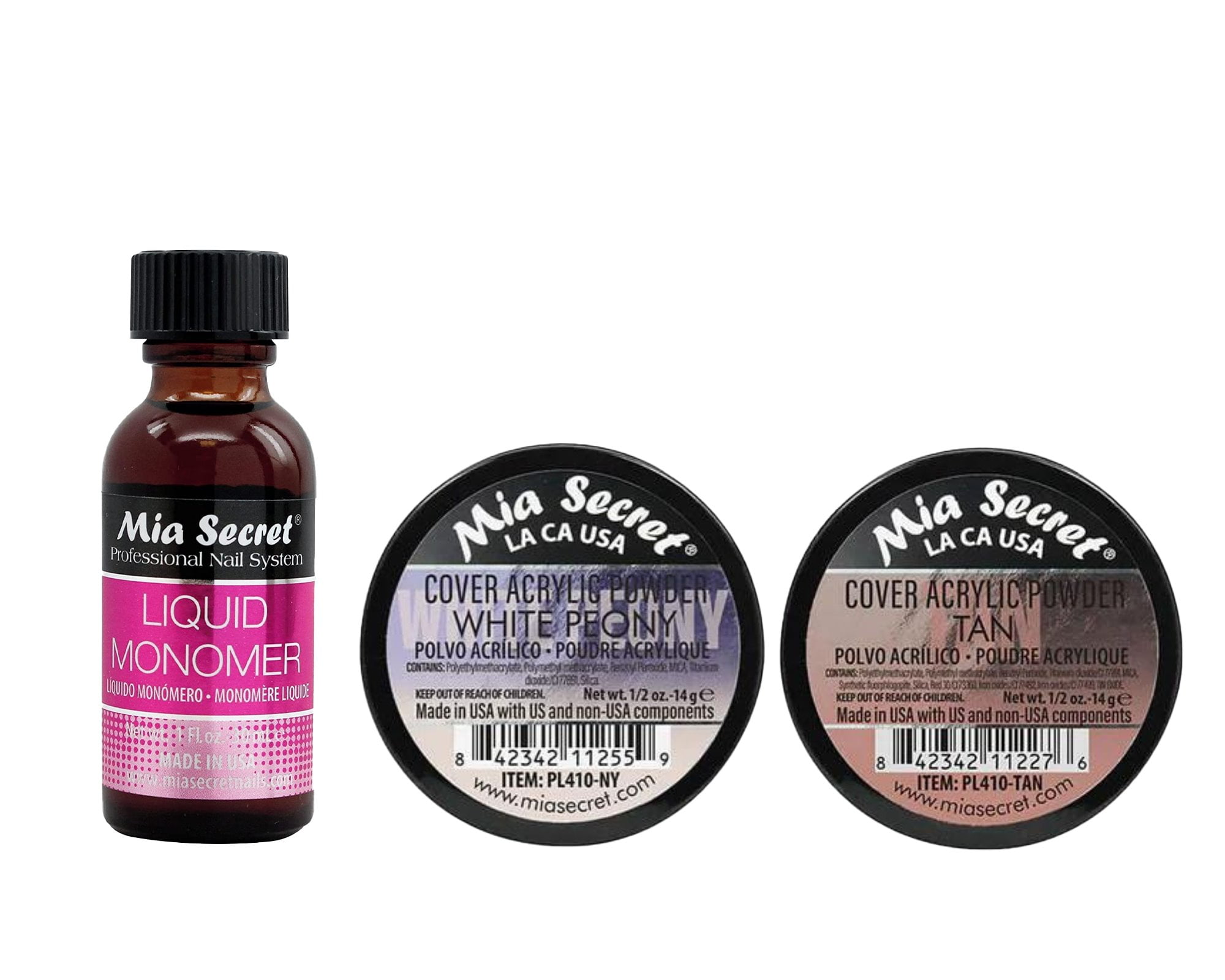 Mia Secret - Liquid Monomer (1oz) & Cover Acrylic Powder White Peony (0.5 oz.) + Cover Acrylic Powder Tan (0.5 oz.) - COMBO