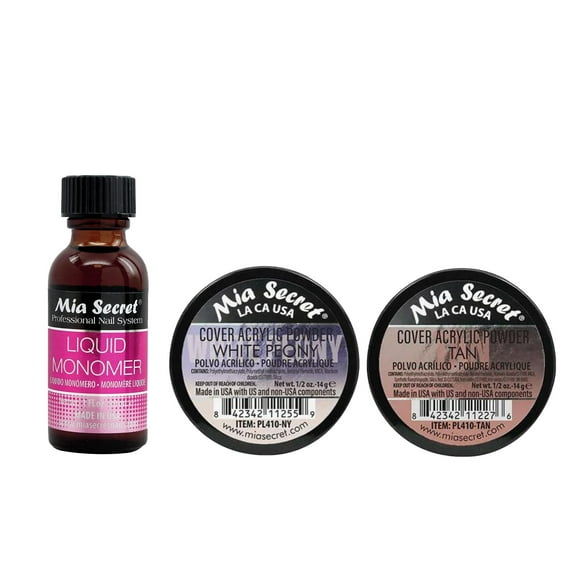 Mia Secret - Liquid Monomer (1oz) & Cover Acrylic Powder White Peony (0.5 oz.) + Cover Acrylic Powder Tan (0.5 oz.) - COMBO