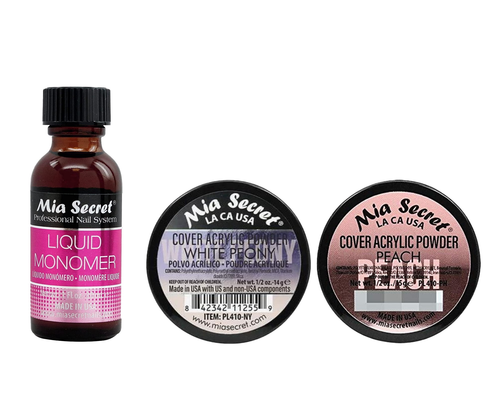 Mia Secret - Liquid Monomer 1oz + (Cover Acrylic Powder White Peony + Cover Acrylic Powder Peach) 0.5 oz. - COMBO