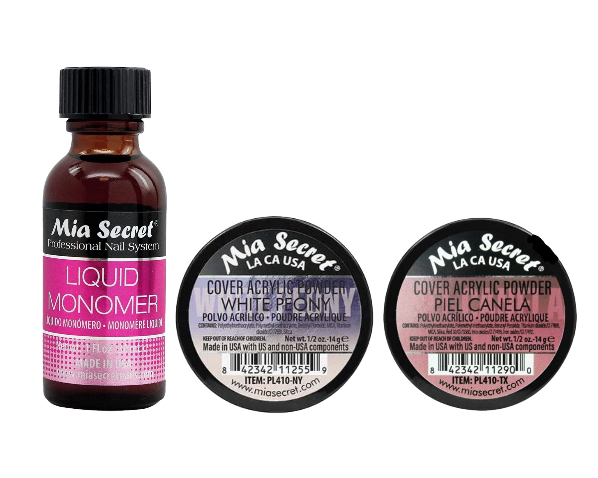 Mia Secret - Liquid Monomer 1oz + (Cover Acrylic Powder White Peony + Cover Acrylic Powder Piel Canela) 0.5 oz - COMBO
