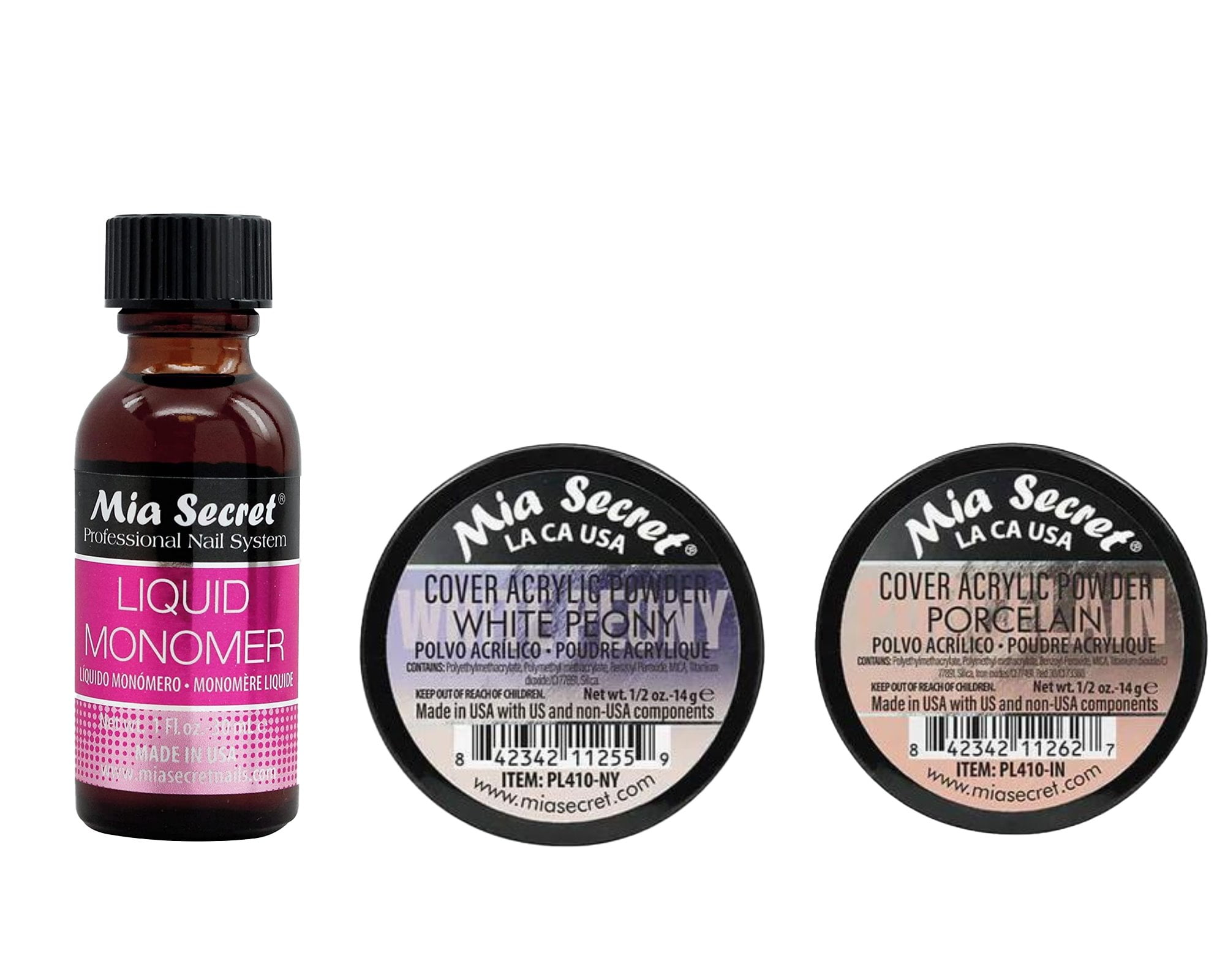 Mia Secret - Liquid Monomer 1oz & (Cover Acrylic Powder White Peony + Cover Acrylic Powder Porcelain) 0.5 oz - COMBO