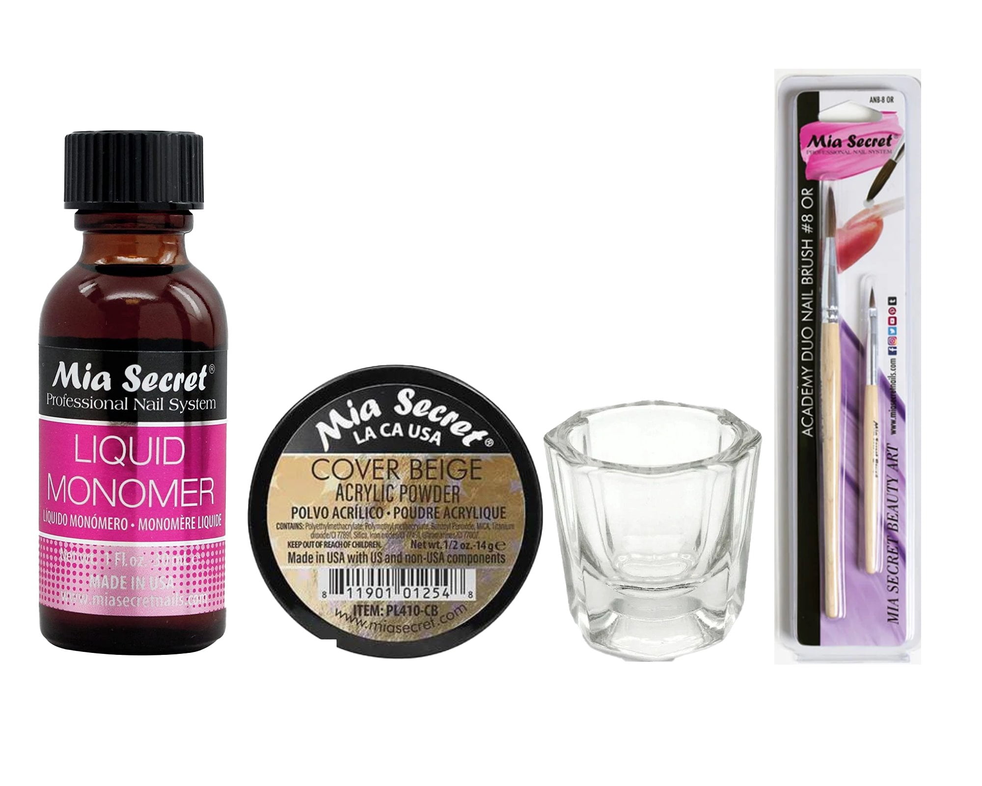 Mia Secret - Liquid Monomer 1oz + Cover Beige Acrylic Powder 0.5 oz + Dappen Dish + Academy Duo Nail Brush #8 OR - COMBO