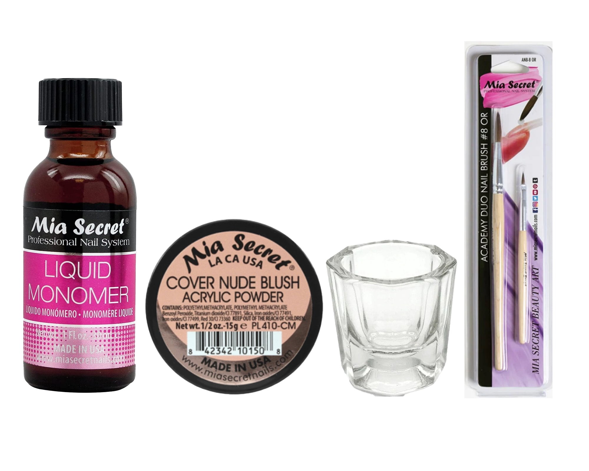 Mia Secret - Liquid Monomer 1oz + Cover Nude Blush Acrylic Powder 0.5 oz + Dappen Dish + Academy Duo Nail Brush #8 OR - COMBO