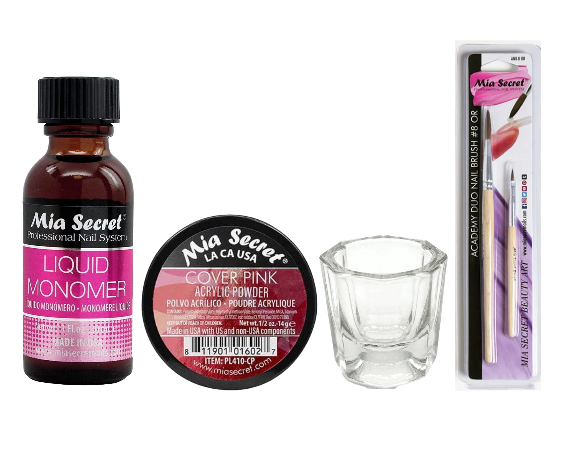 Mia Secret - Liquid Monomer 1oz + Cover Pink Acrylic Powder 0.5 oz + Dappen Dish + Academy Duo Nail Brush #8 OR - COMBO