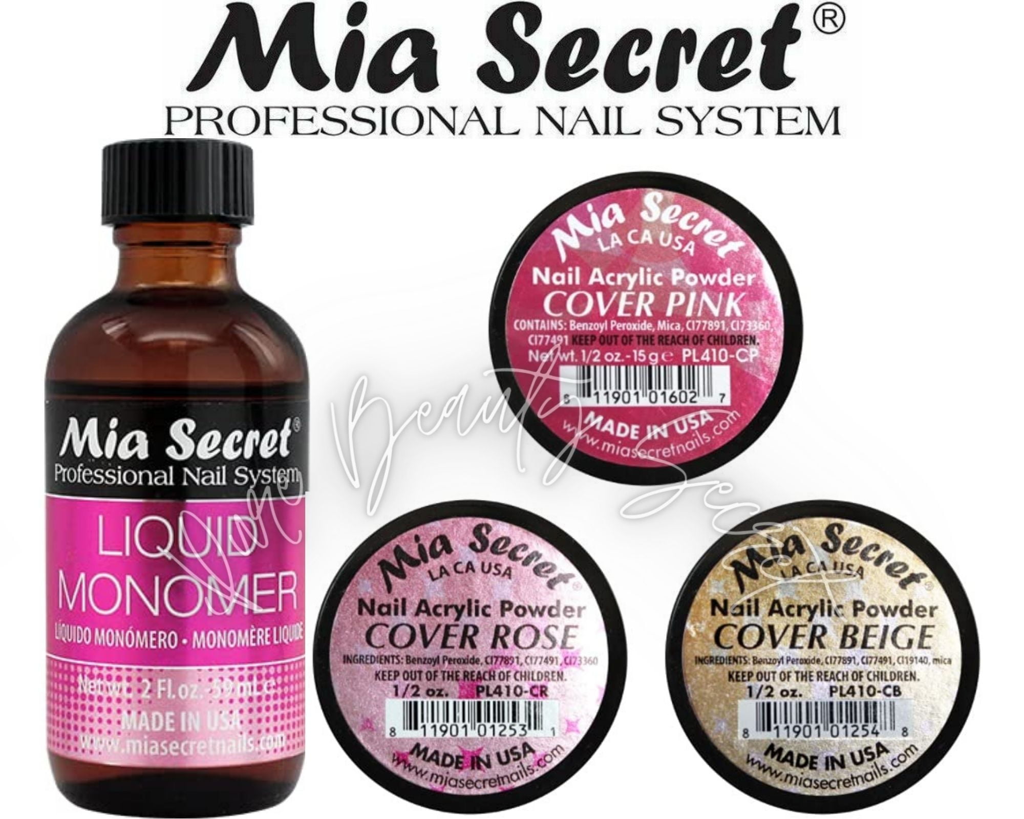 Mia Secret Liquid Monomer 2 oz and Cover Powders 0.5 oz x 3 (PINK + ROSE +BEIGE)