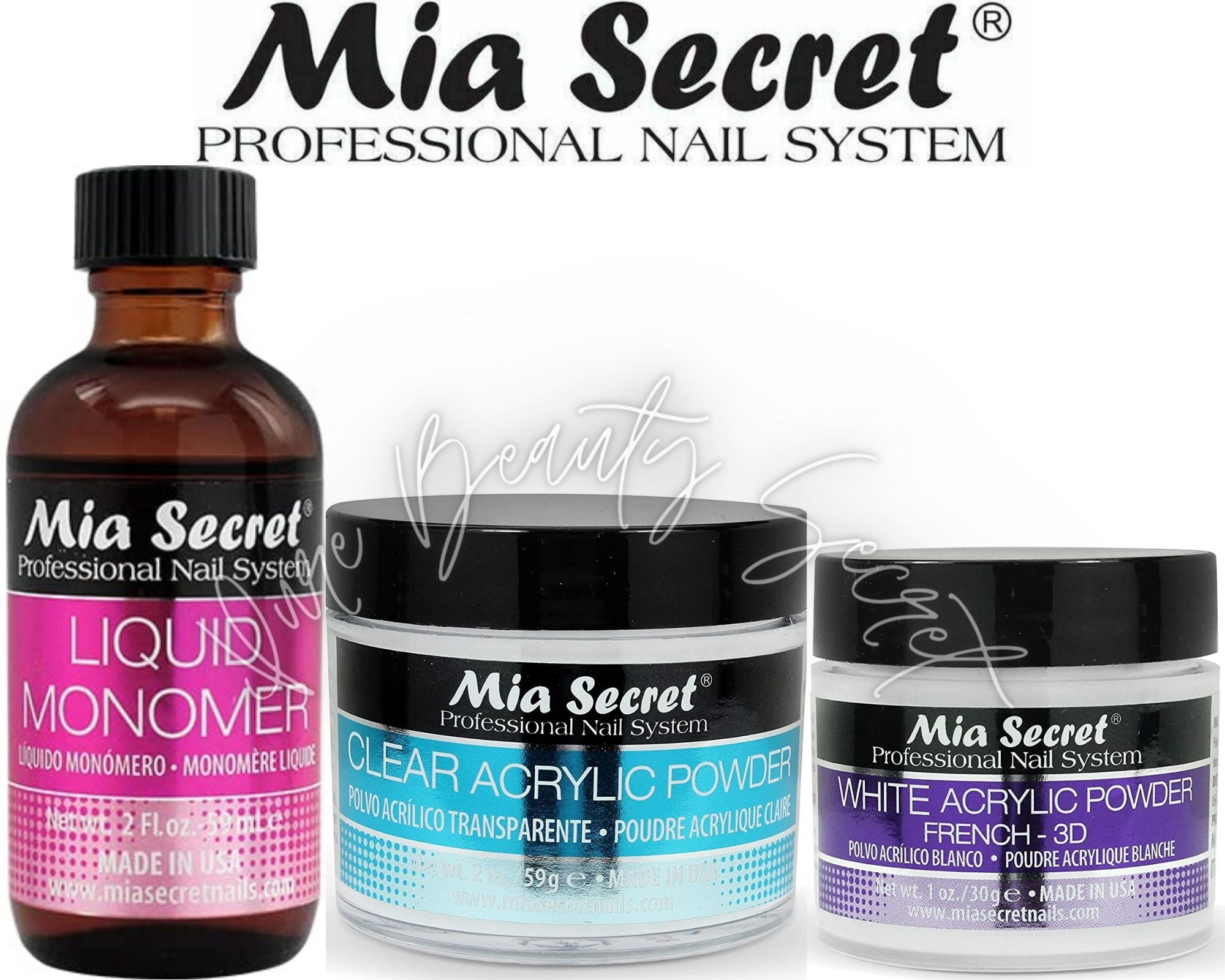 Mia Secret Liquid Monomer 2 oz and Powder 1 oz WHITE + 2 oz CLEAR