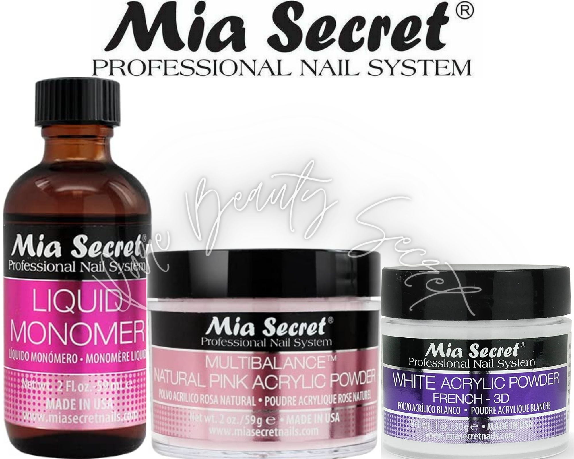 Mia Secret Liquid Monomer 2 oz and Powder 1 oz WHITE + 2 oz NATURAL PINK