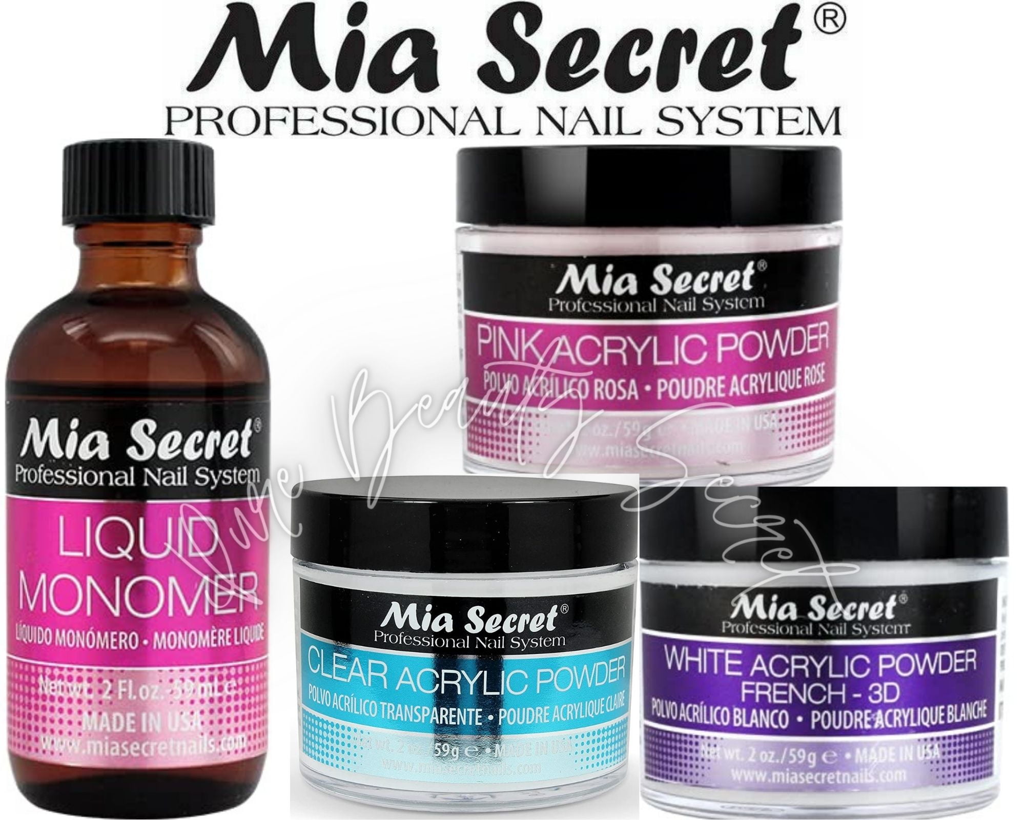 Mia Secret Liquid Monomer 2 oz and Powder 2 oz x 3 (CLEAR + WHITE + PINK)