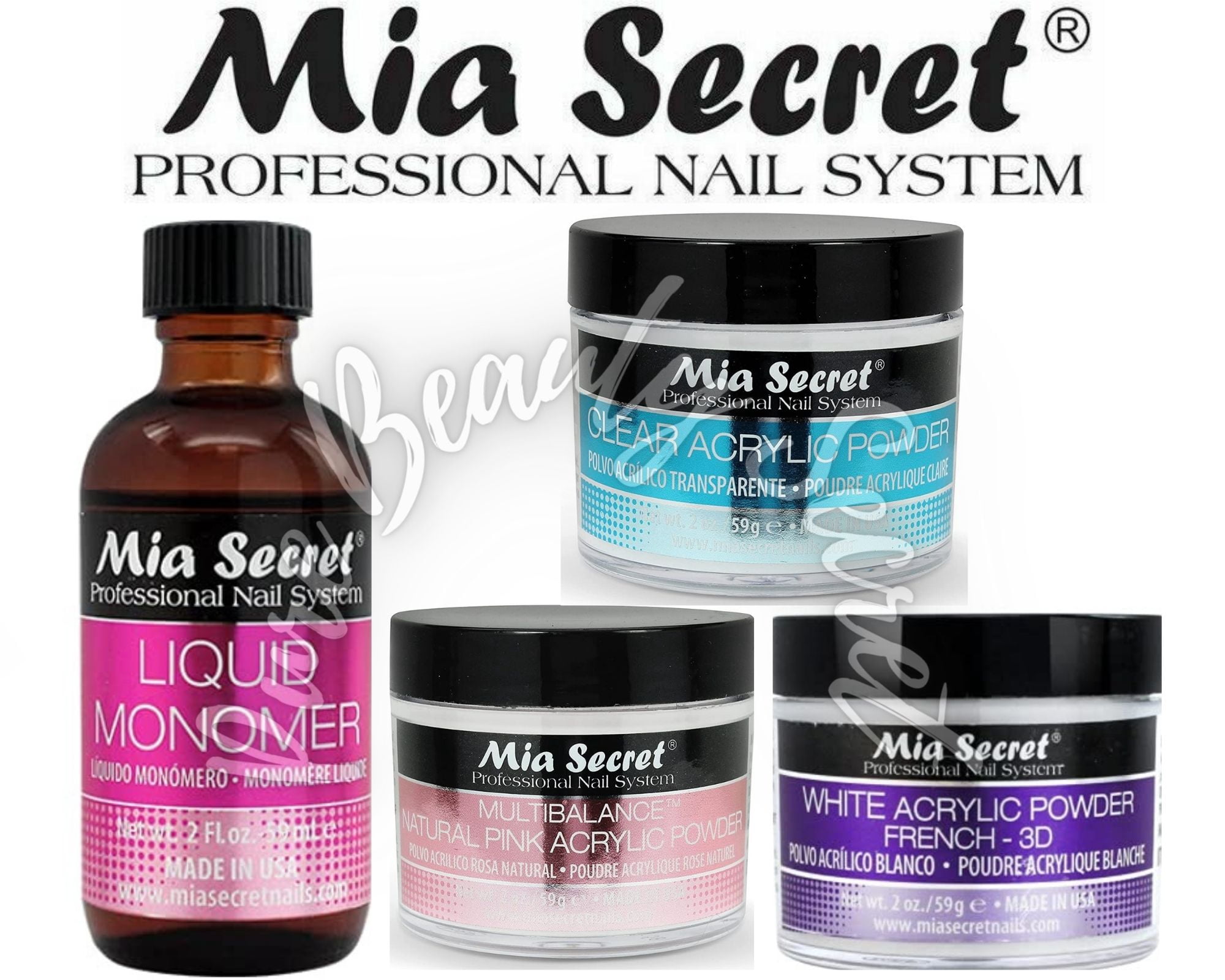 Mia Secret Liquid Monomer 2 oz and Powder 2 oz x 3 (NATURAL PINK + WHITE + CLEAR)