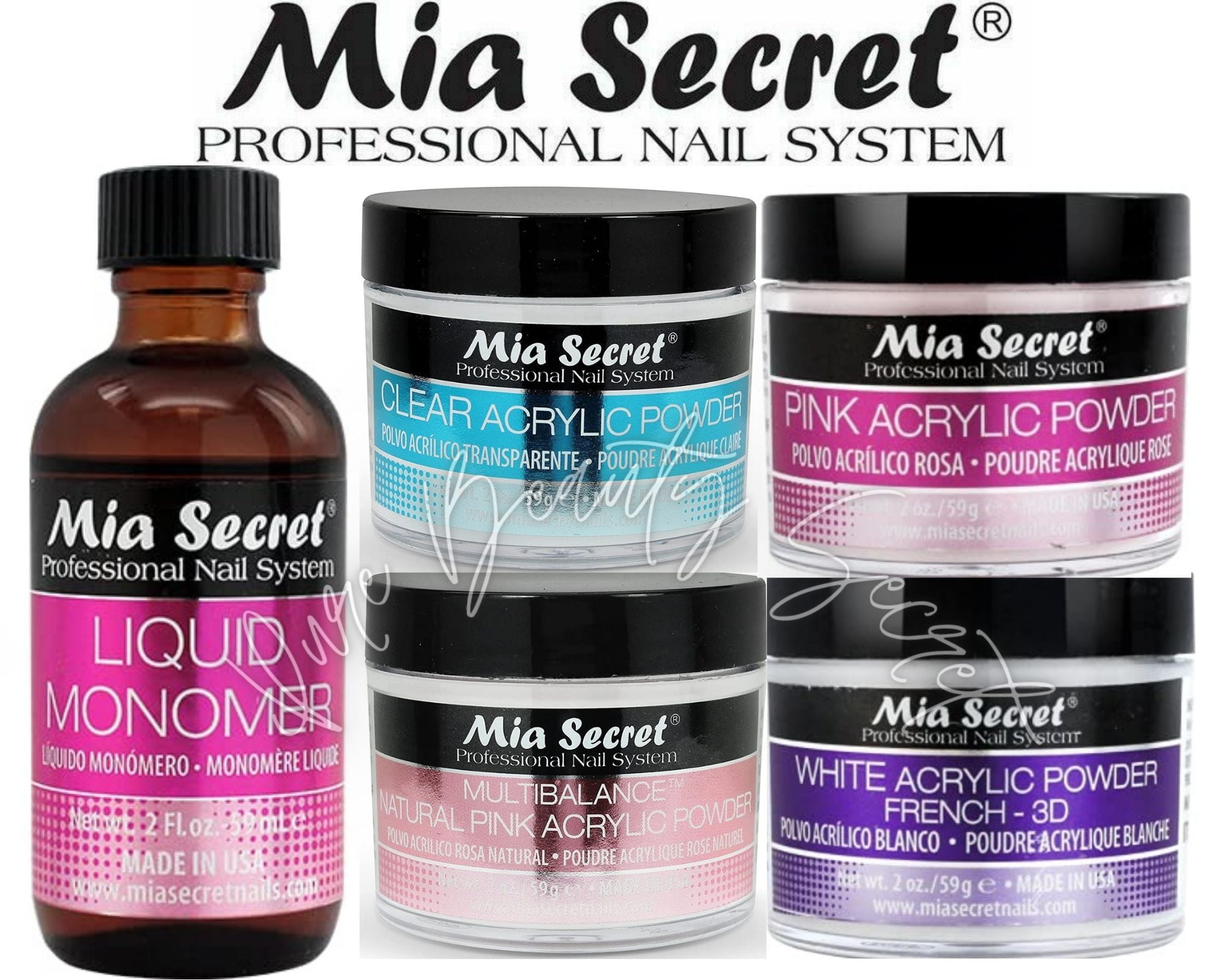 Mia Secret Liquid Monomer 2 oz and Powder 2 oz x 4 (White, Pink, Natural Pink, Clear)