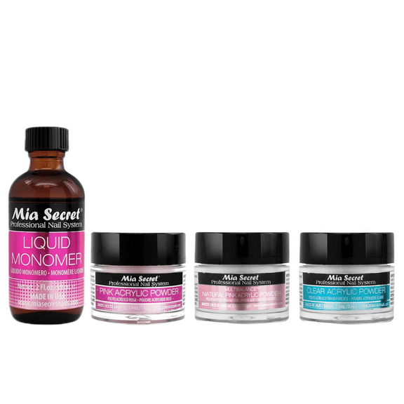 Mia Secret - Liquid Monomer 2oz & Acrylic Powder (Pink, Multibalance Natural Pink, Clear) 0.25oz each - Combo