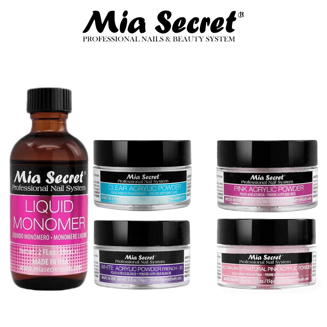 Mia Secret - Liquid Monomer 2oz & Clear Acrylic Powder, Pink Acrylic Powder, White Acrylic Powder- French 3D, Multibalance Natural Pink Acrylic Powder (0.5oz each) - Combo