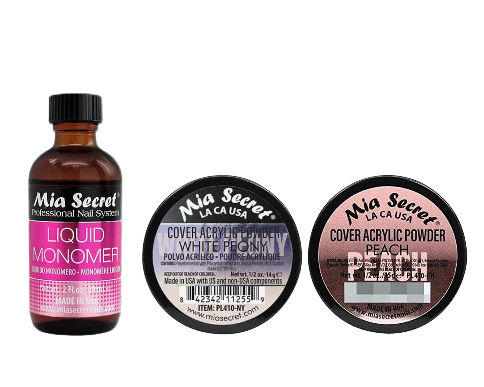 Mia Secret - Liquid Monomer 2oz & (Cover Acrylic Powder White Peony + Cover Acrylic Powder Peach) 0.5 oz. - COMBO