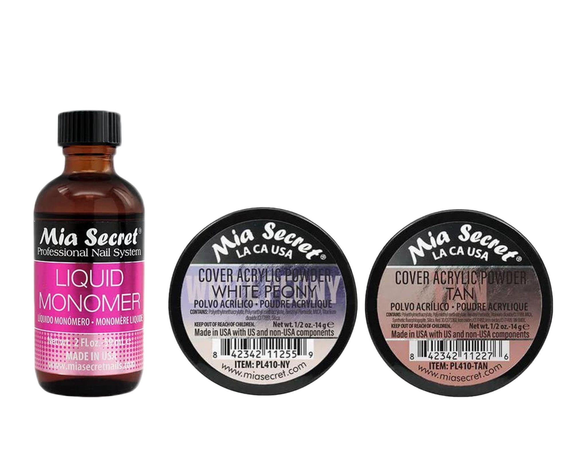 Mia Secret - Liquid Monomer 2oz & (Cover Acrylic Powder White Peony + Cover Acrylic Powder Tan) 0.5 oz. - COMBO