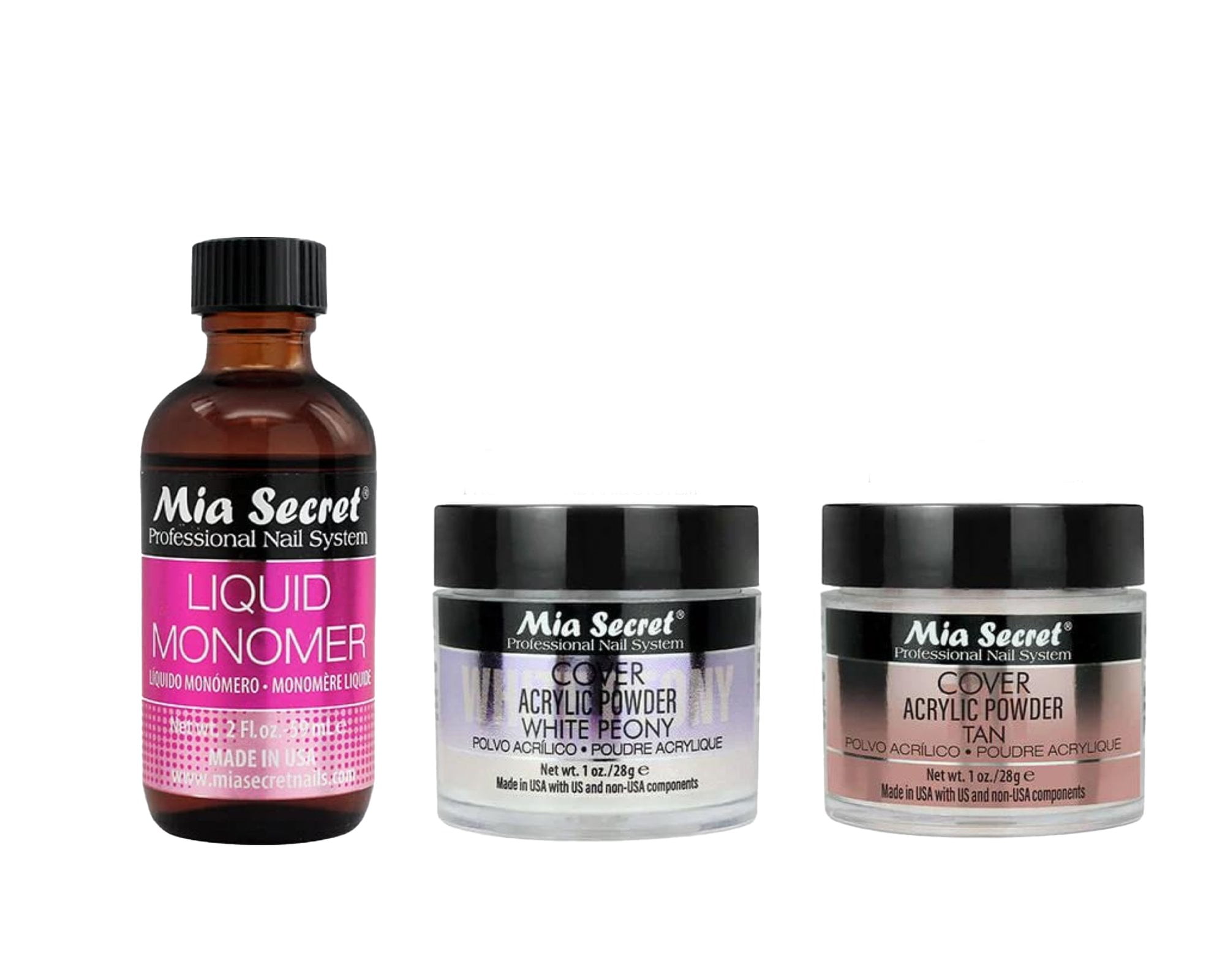 Mia Secret - Liquid Monomer 2oz + (Cover Acrylic Powder White Peony + Cover Acrylic Powder Tan) 1oz. - Combo