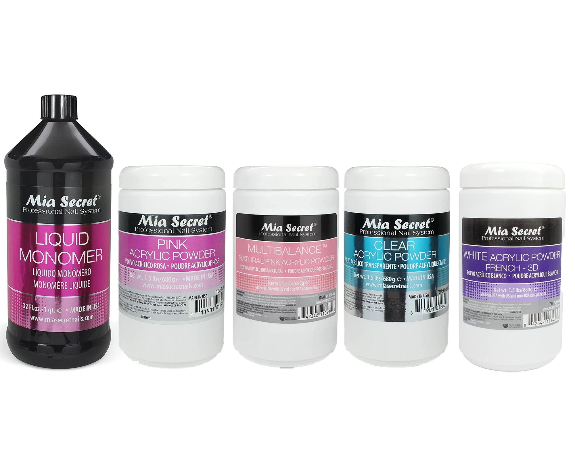 Mia Secret - Liquid Monomer (32 oz.) & Pink Acrylic Powder, Multibalance Natural Pink Acrylic Powder, Clear Acrylic Powder, White Acrylic Powder French-3D (1.5lbs each) - Combo