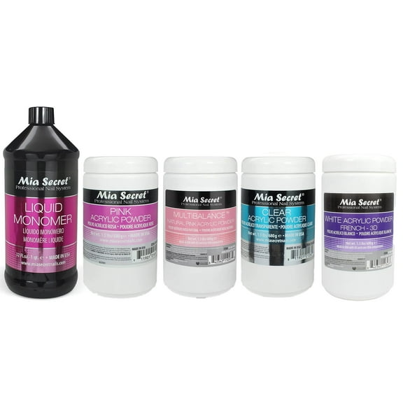 Mia Secret - Liquid Monomer (32 oz.) & Pink Acrylic Powder, Multibalance Natural Pink Acrylic Powder, Clear Acrylic Powder, White Acrylic Powder French-3D (1.5lbs each) - Combo