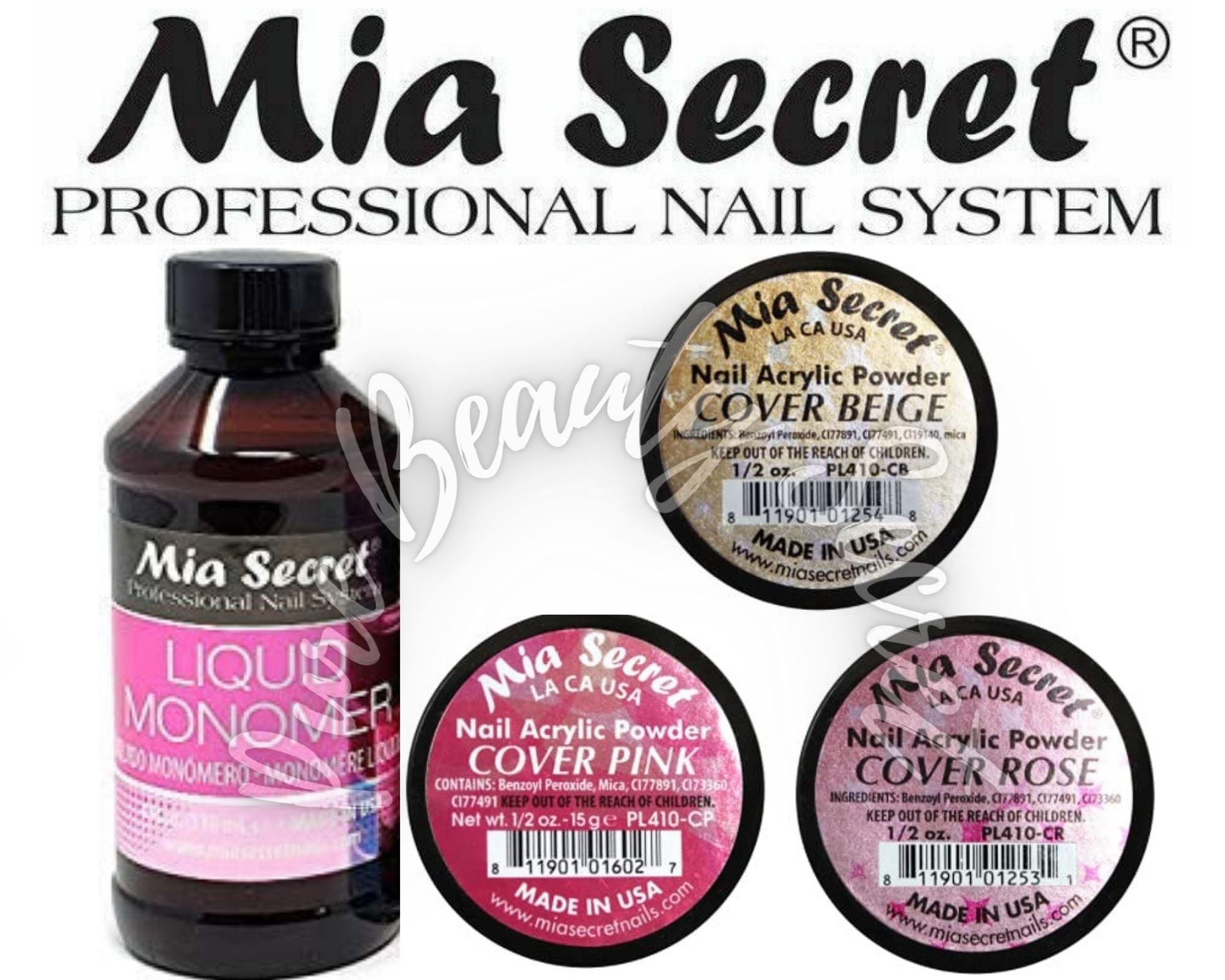 Mia Secret Liquid Monomer 4 oz and Cover Powders 0.5 oz x 3 (PINK + ROSE +BEIGE)