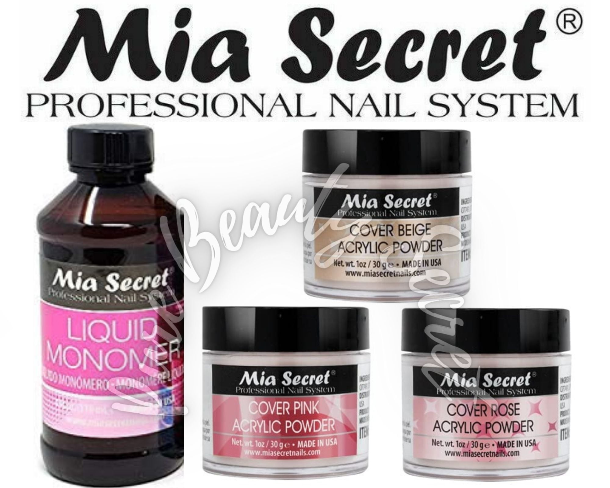 Mia Secret Liquid Monomer 4 oz and Cover Powders 1 oz x 3 (PINK + ROSE +BEIGE)