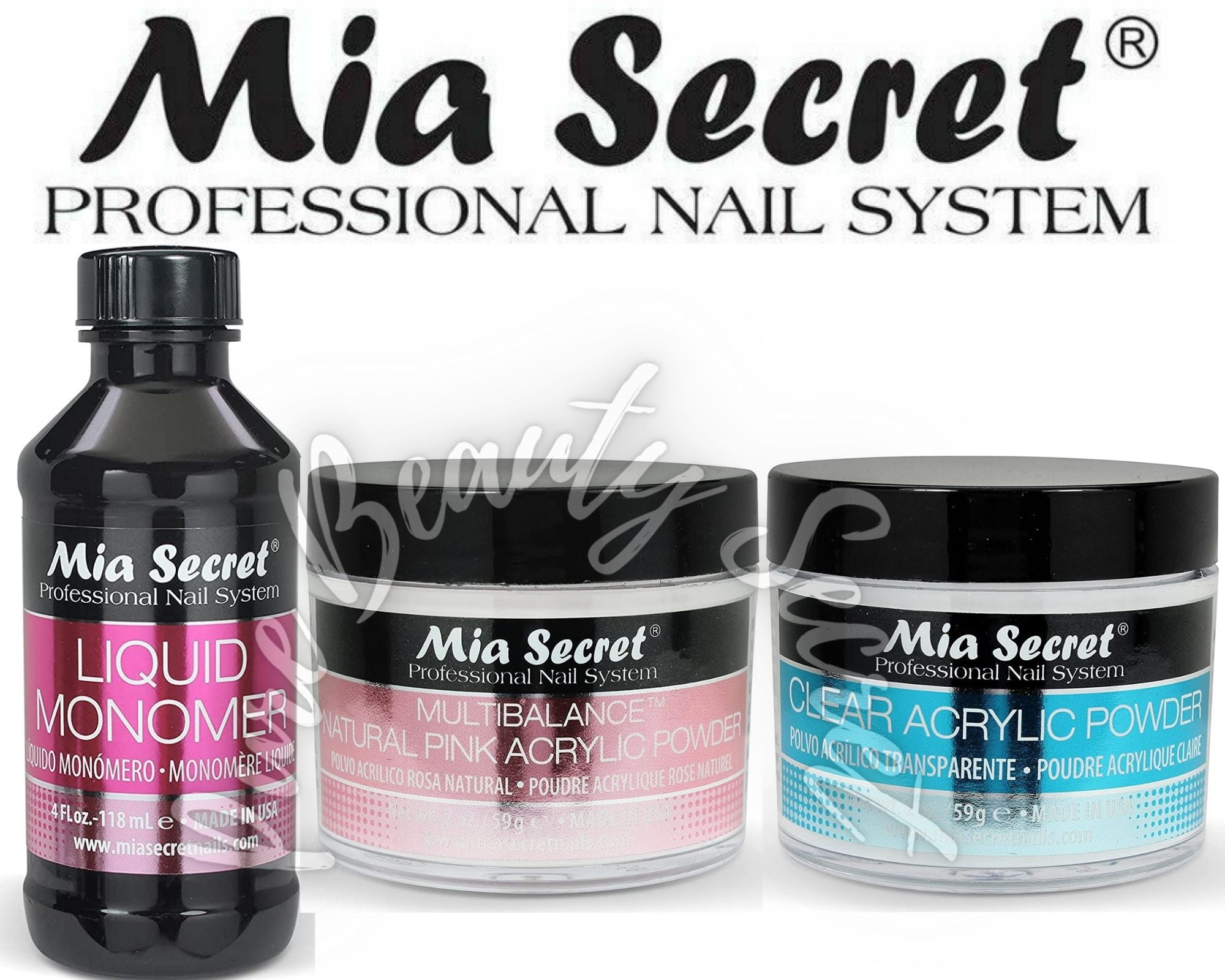 Mia Secret Liquid Monomer 4 oz and Powder 2 oz x 2 (CLEAR + NATURAL PINK)