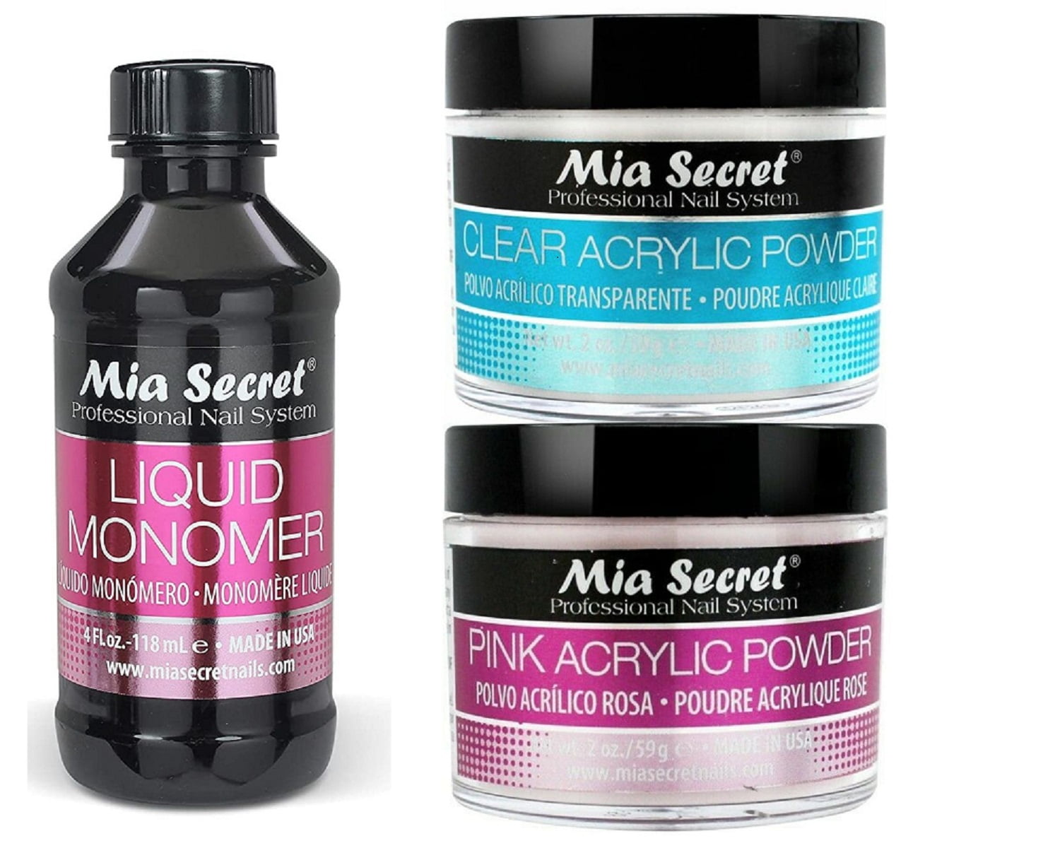 Mia Secret Liquid Monomer 4 oz and Powder 2 oz x 2 (CLEAR + PINK)