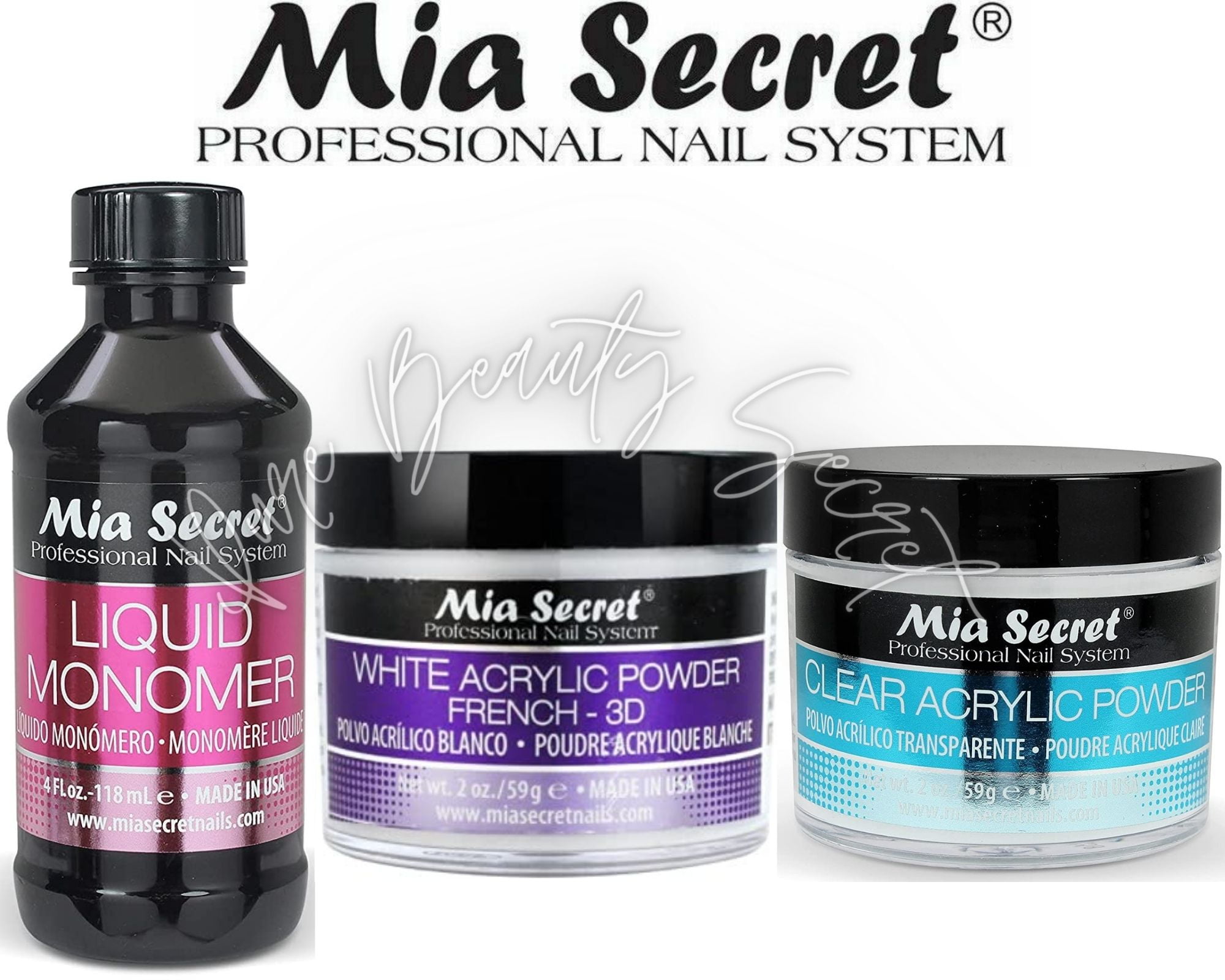 Mia Secret Liquid Monomer 4 oz and Powder 2 oz x 2 (WHITE + CLEAR)