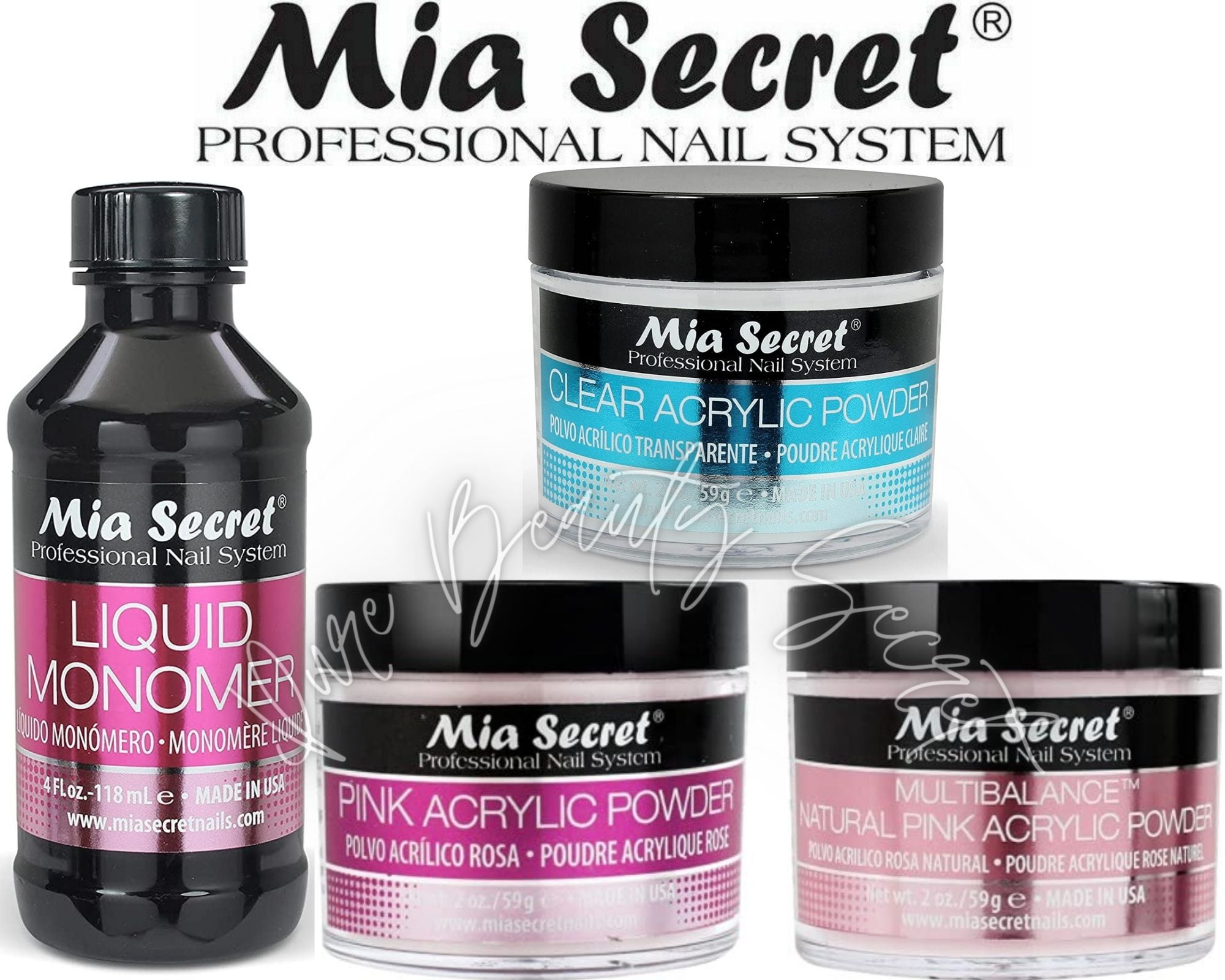 Mia Secret Liquid Monomer 4 oz and Powder 2 oz x 3 (NATURAL PINK + CLEAR + PINK)