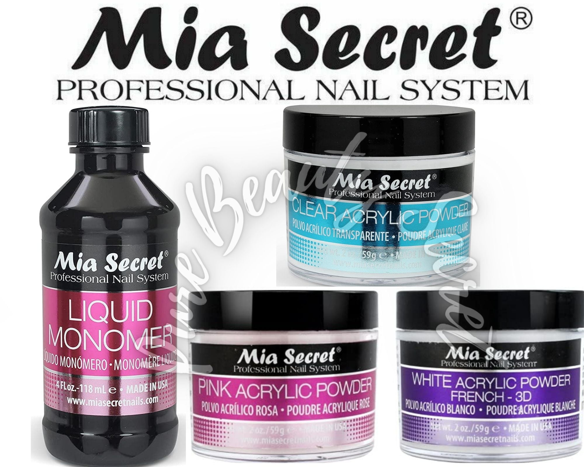 Mia Secret Liquid Monomer 4 oz and Powder 2 oz x 3 (NATURAL PINK + WHITE + PINK)