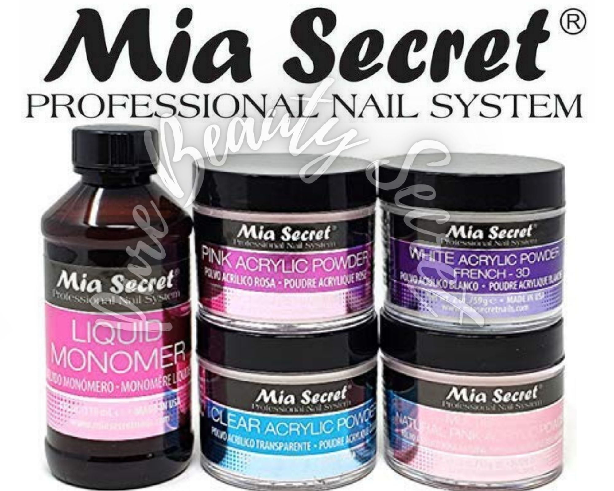 Mia Secret Liquid Monomer 4 oz and Powder 2 oz x 4 (NATURAL PINK + PINK + WHITE + CLEAR)