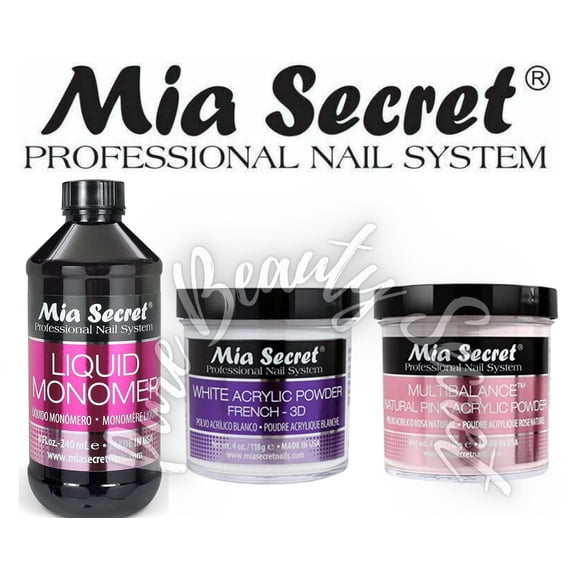 Mia Secret Liquid Monomer 8 oz + Powder 4 oz x 2 (WHITE + NATURAL PINK)