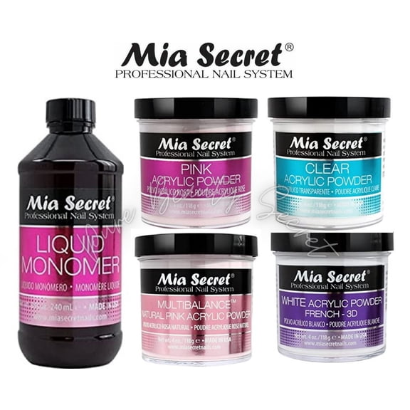 Mia Secret Liquid Monomer 8 oz + Powder 4 oz x 4 (White + Clear + Pink + Natural Pink)