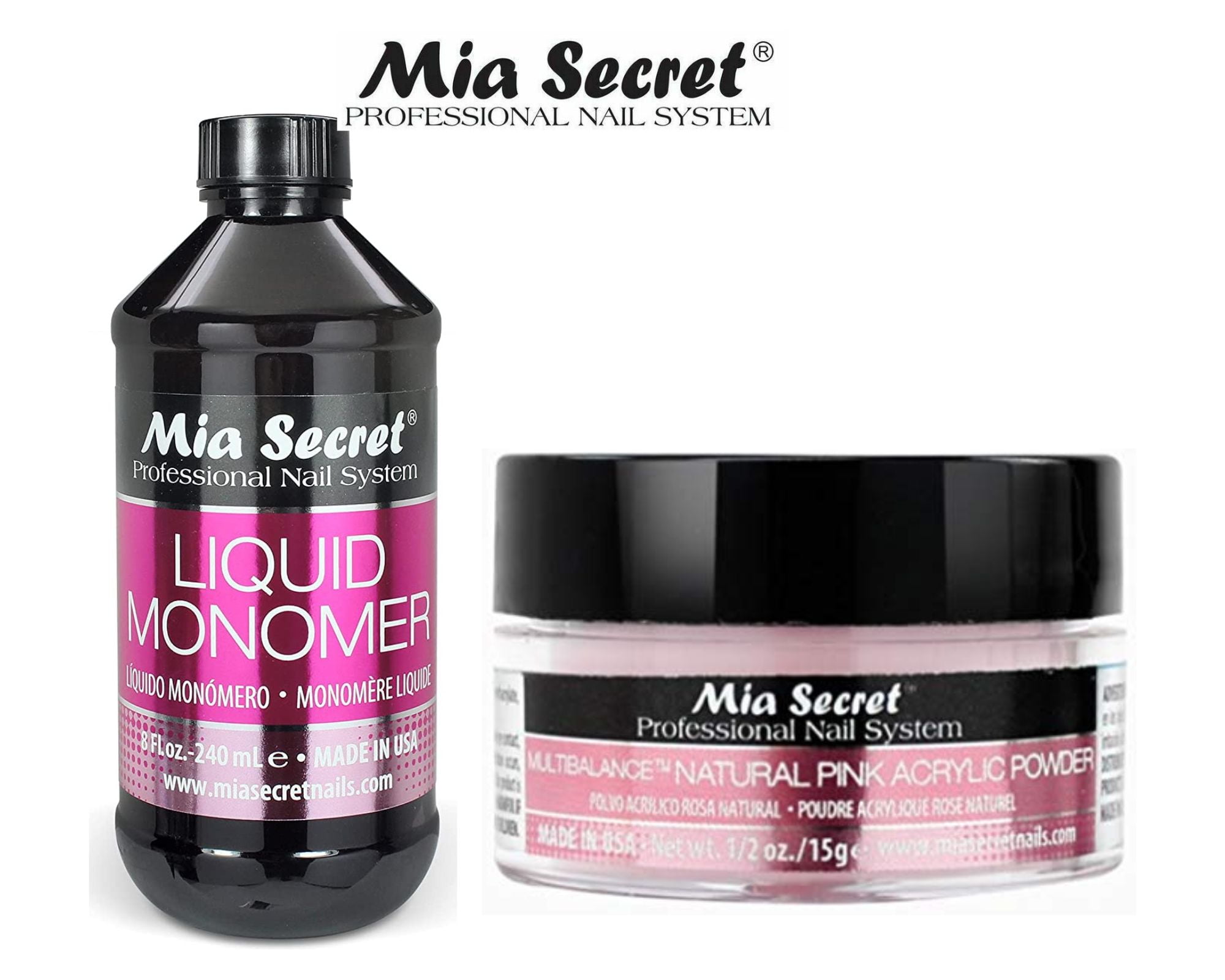 Mia Secret Liquid Monomer 8 oz and NATURAL PINK Powder 0.5 oz
