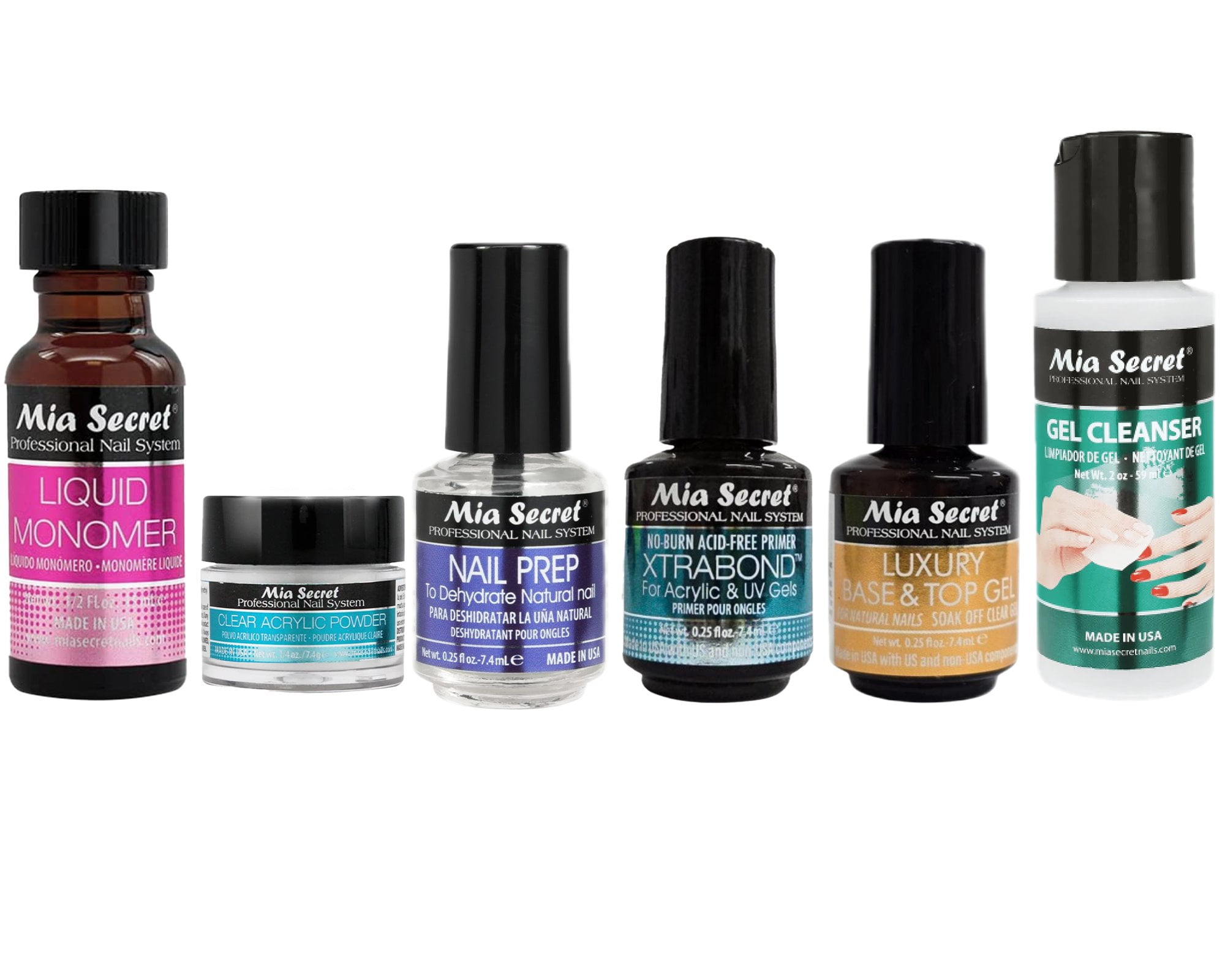 Mia Secret - Liquid Monomer, Clear Acrylic Powder, Nail Prep, Xtrabond, Luxury Base & Top Gel, Gel Cleanser - Combo