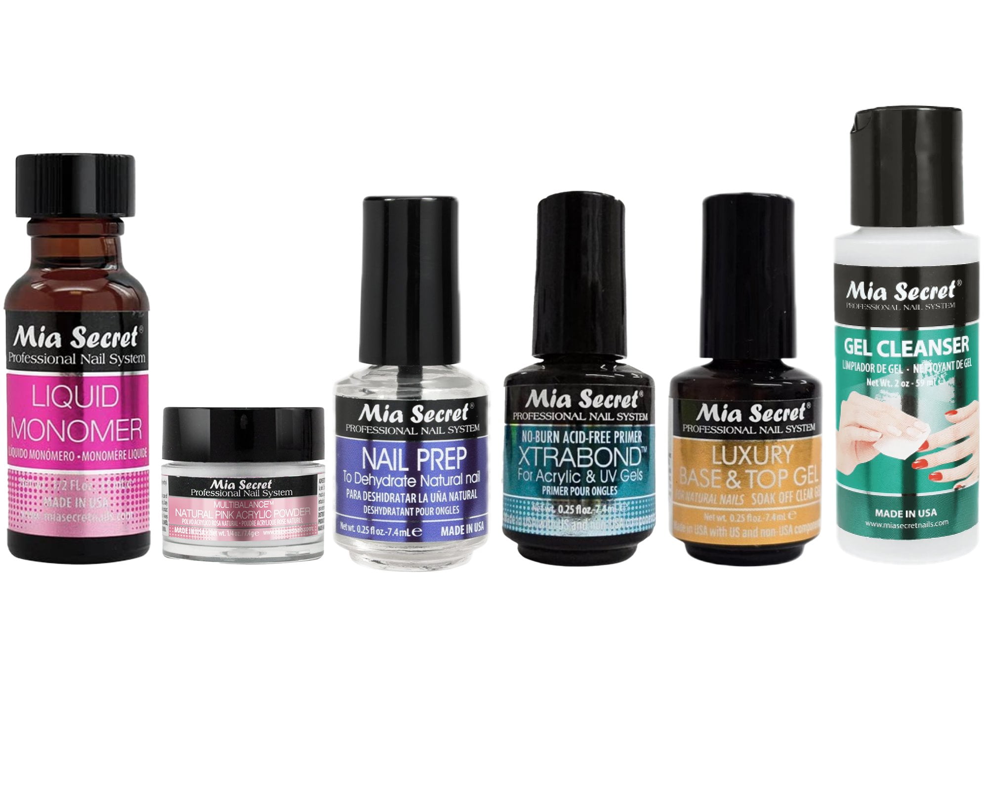 Mia Secret - Liquid Monomer, Multibalance Natural Pink Acrylic Powder, Nail Prep, Xtrabond, Luxury Base & Top Gel, Gel Cleanser - Combo