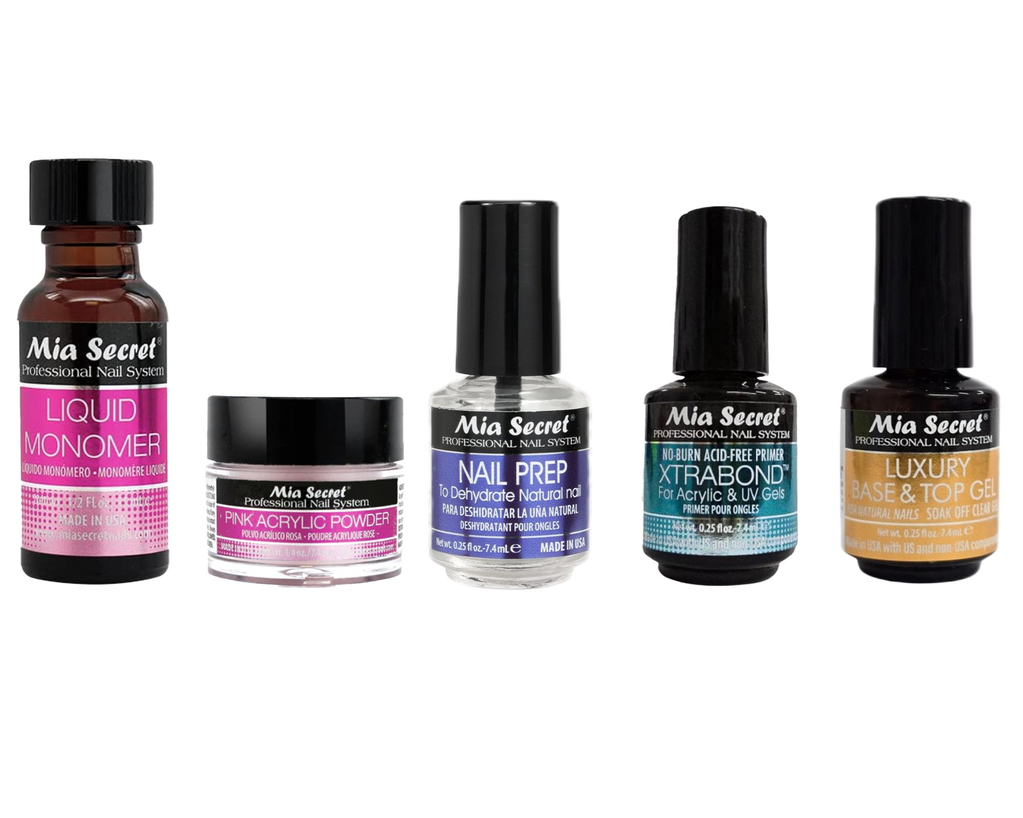 Mia Secret - Liquid Monomer, Pink Acrylic Powder, Nail Prep, Xtrabond, Luxury Base & Top Gel - Combo