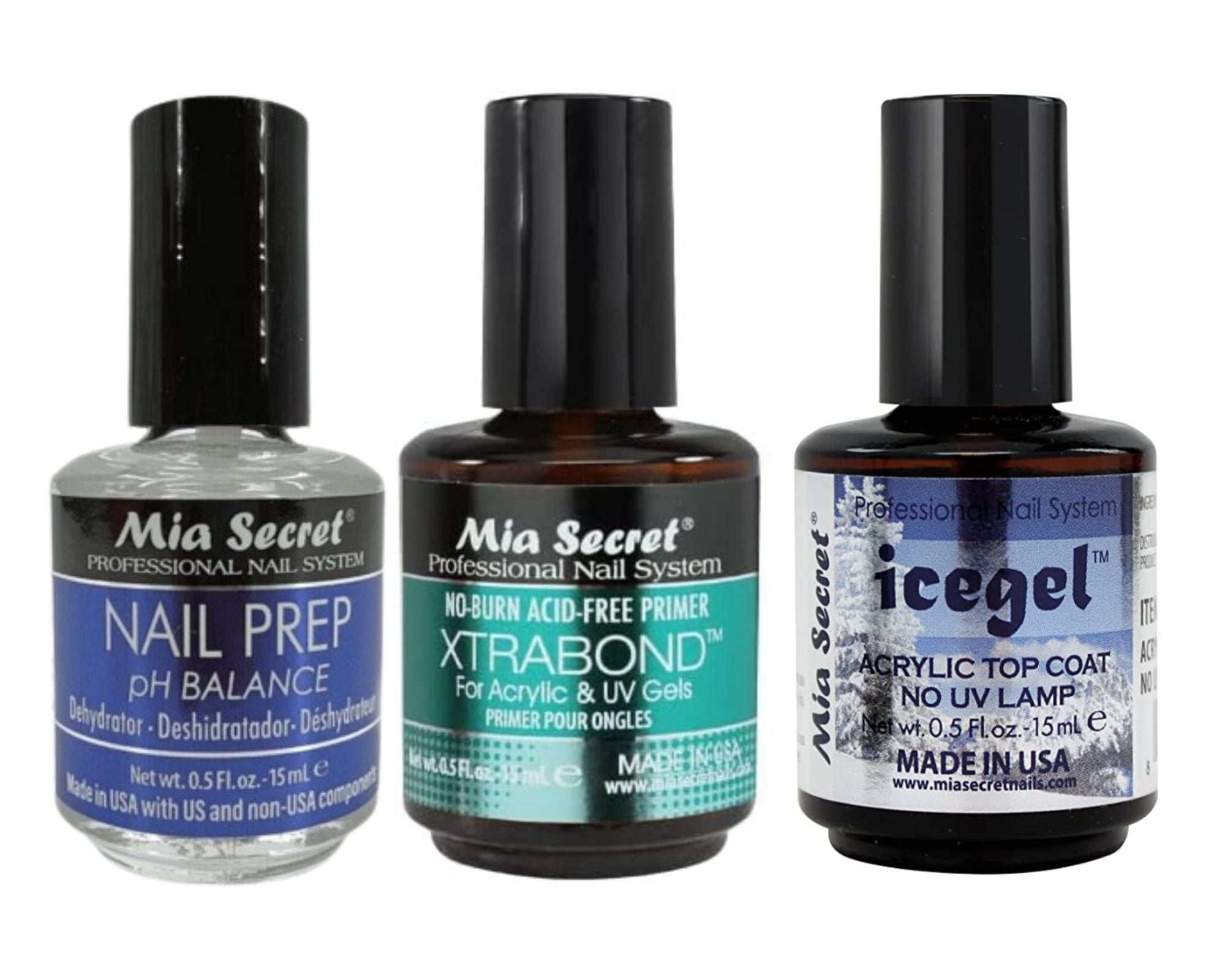 Mia Secret Nail Prep  0.5 o , Xtrabond Primer 0.5 oz , Icegel Acrylic Top Coat No UV Lamp 0.5oz/15ml