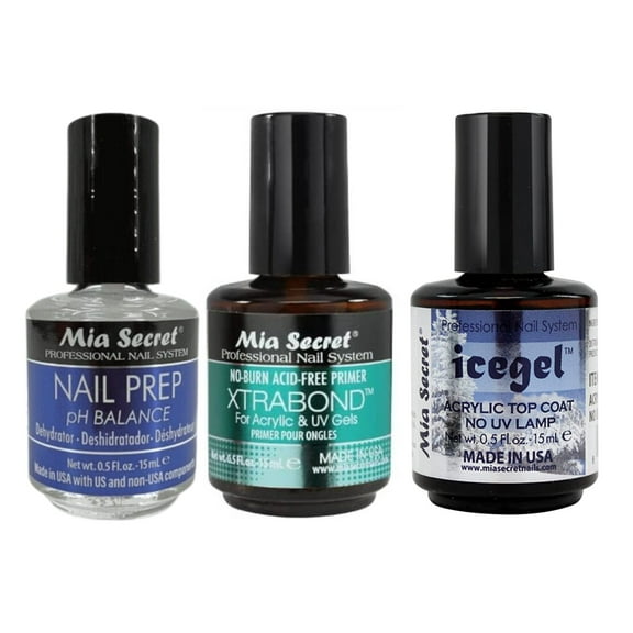 Mia Secret Nail Prep 0.5 o , Xtrabond Primer 0.5 oz , Icegel Acrylic Top Coat No UV Lamp 0.5oz/15ml