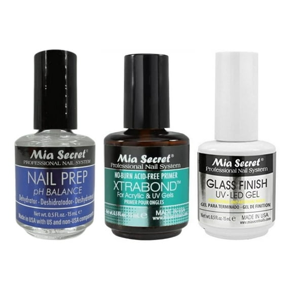 Mia Secret Nail Prep 0.5 oz, Xtrabond Primer 0.5 oz, Glass Finish UV-LED Gel 0.5 oz