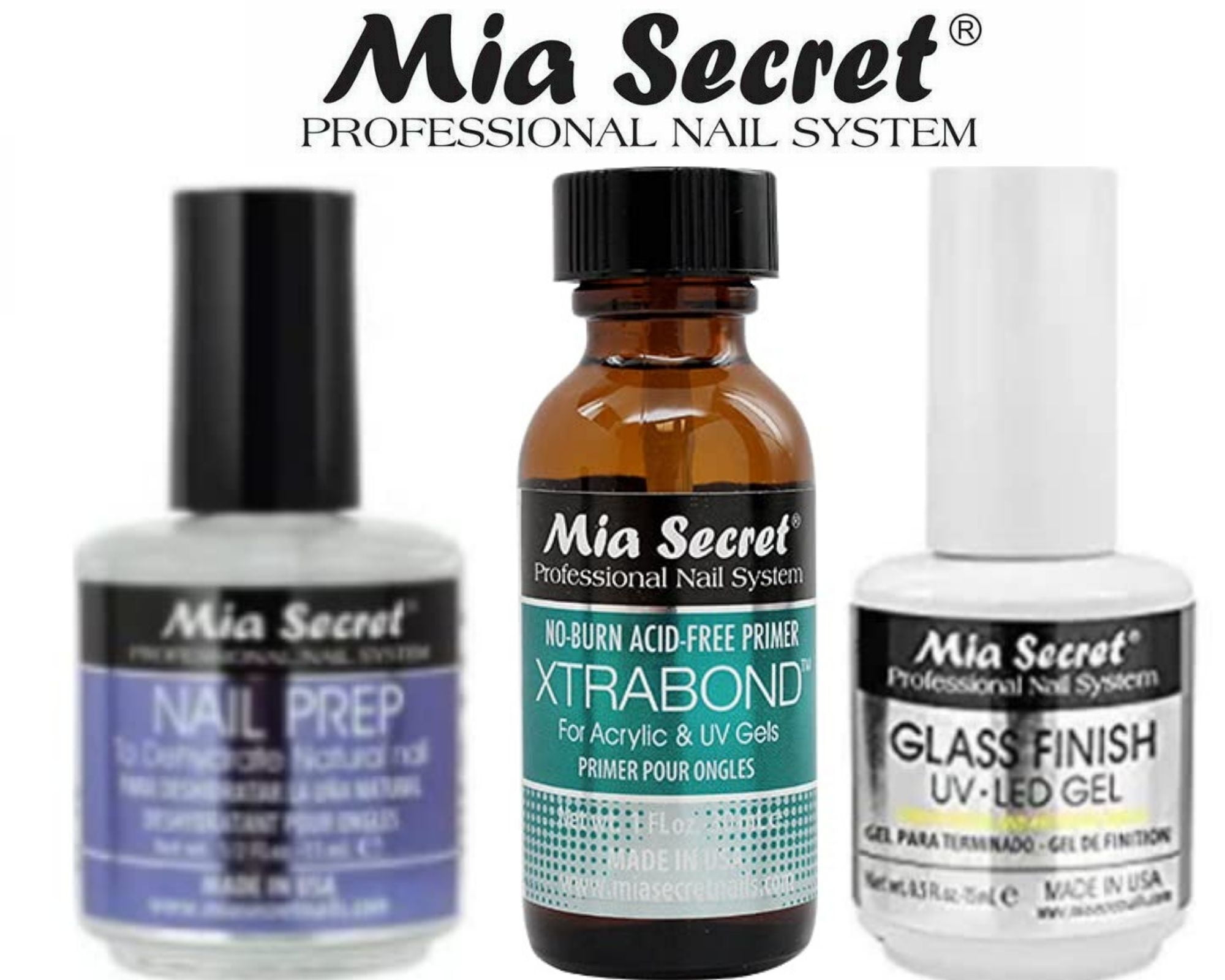 Mia Secret Nail Prep 0.5oz,Xtrabond Primer 30 ML & Glass Finish UVLED