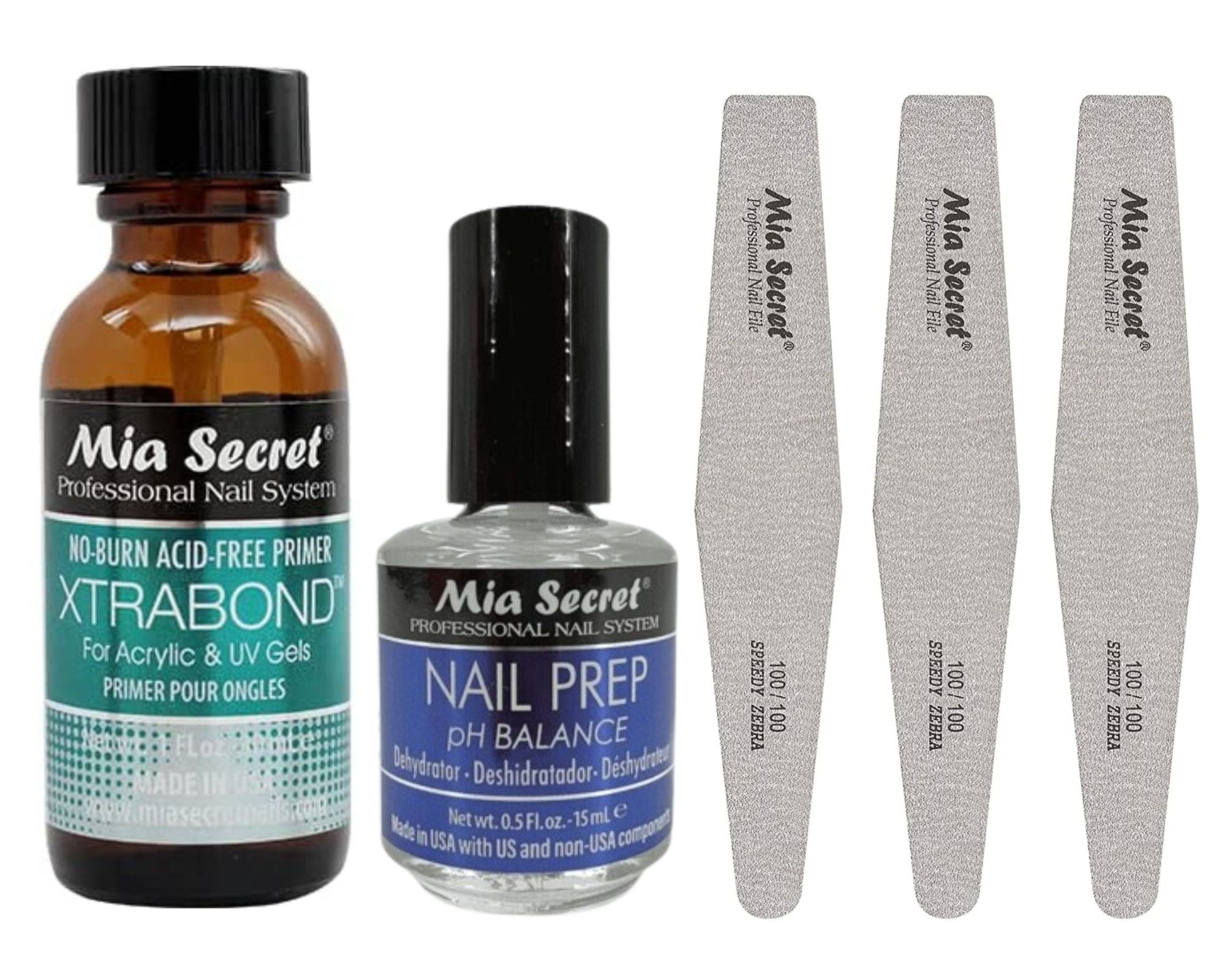 Mia Secret Nail Prep 0.5oz,Xtrabond Primer 30 ML & NAIL FILE-SPEEDY ZEBRA 3pcs