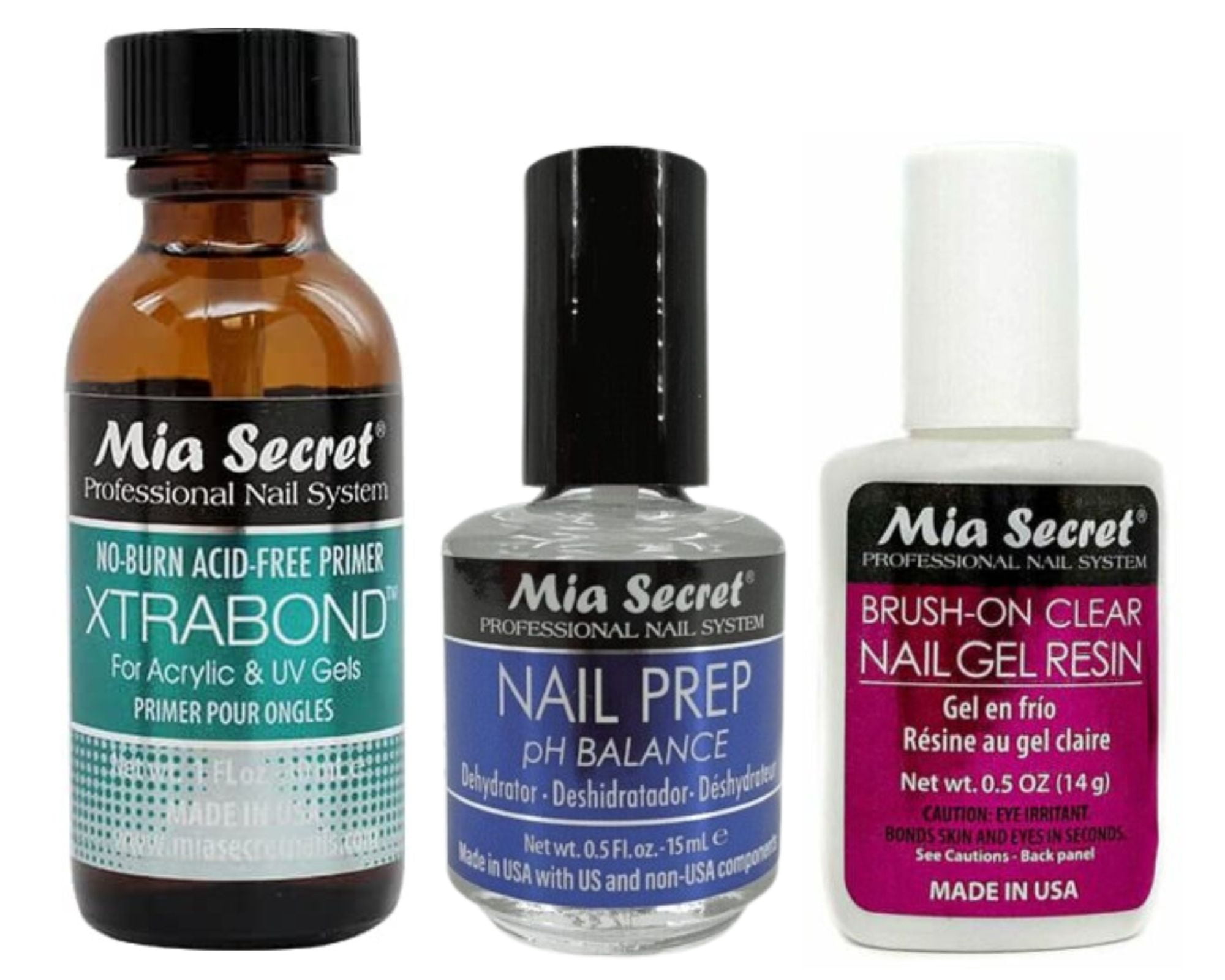 Mia Secret Nail Prep 0.5oz,Xtrabond Primer 30ML & Brush-on Clear Nail Gel Resin 14 g