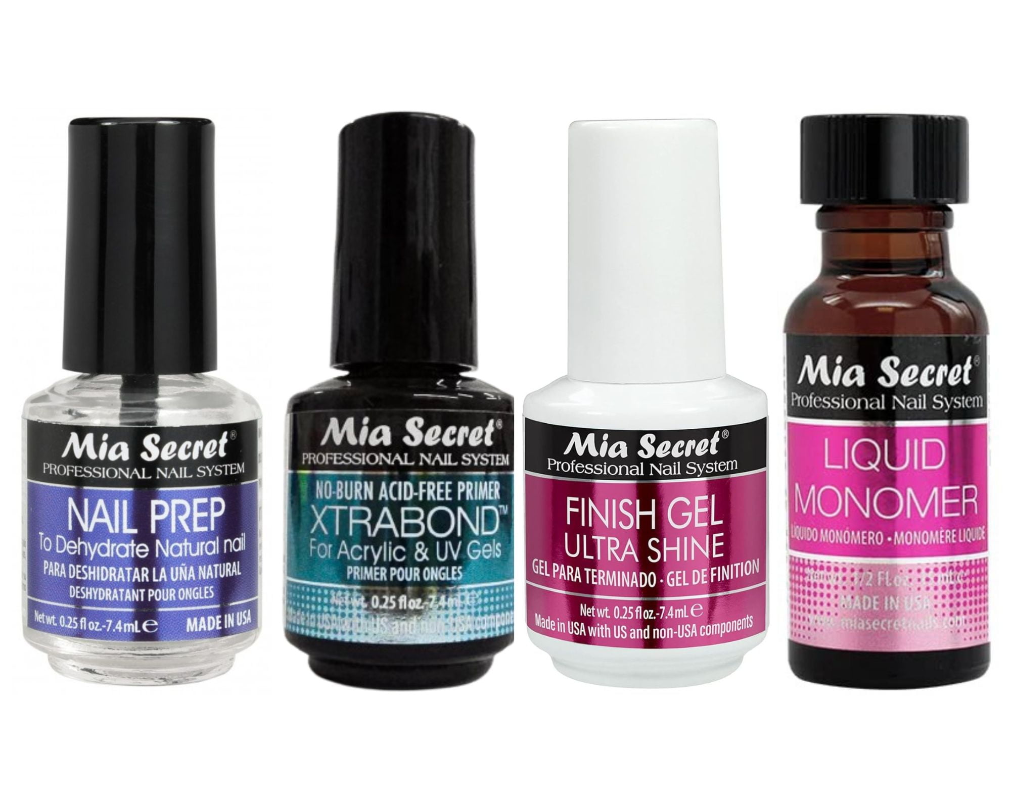 Mia Secret Nail Prep, MINI Xtrabond Primer, UV Finish Gel Ultra Shine & Liquid Monomer - COMBO PACK ( 0.25 oz each )